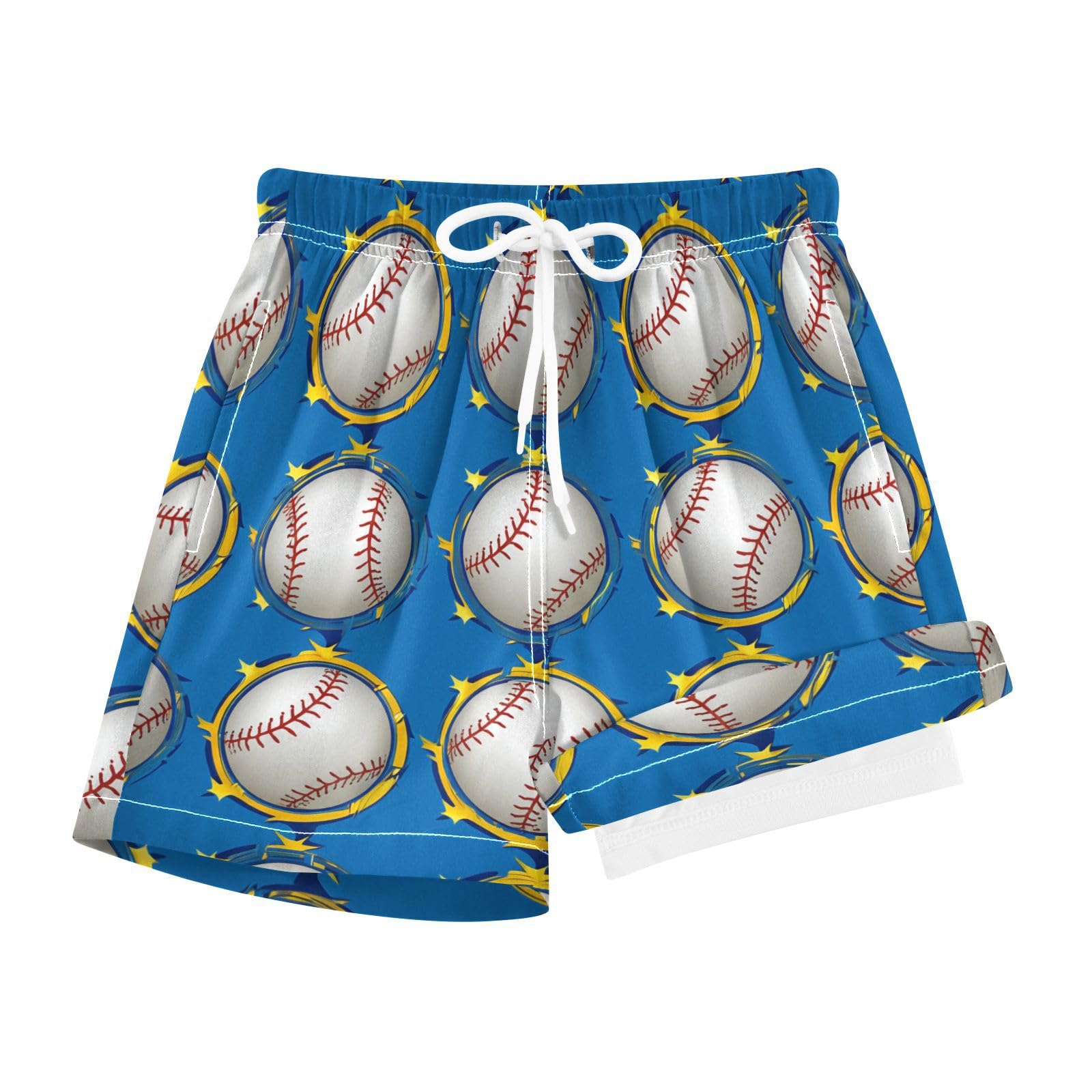 YANENDIE Boy Swim Trunks with Compression Liner Baseballs Stars Blue Boys Swim Shorts Quick Dry Beach Shorts