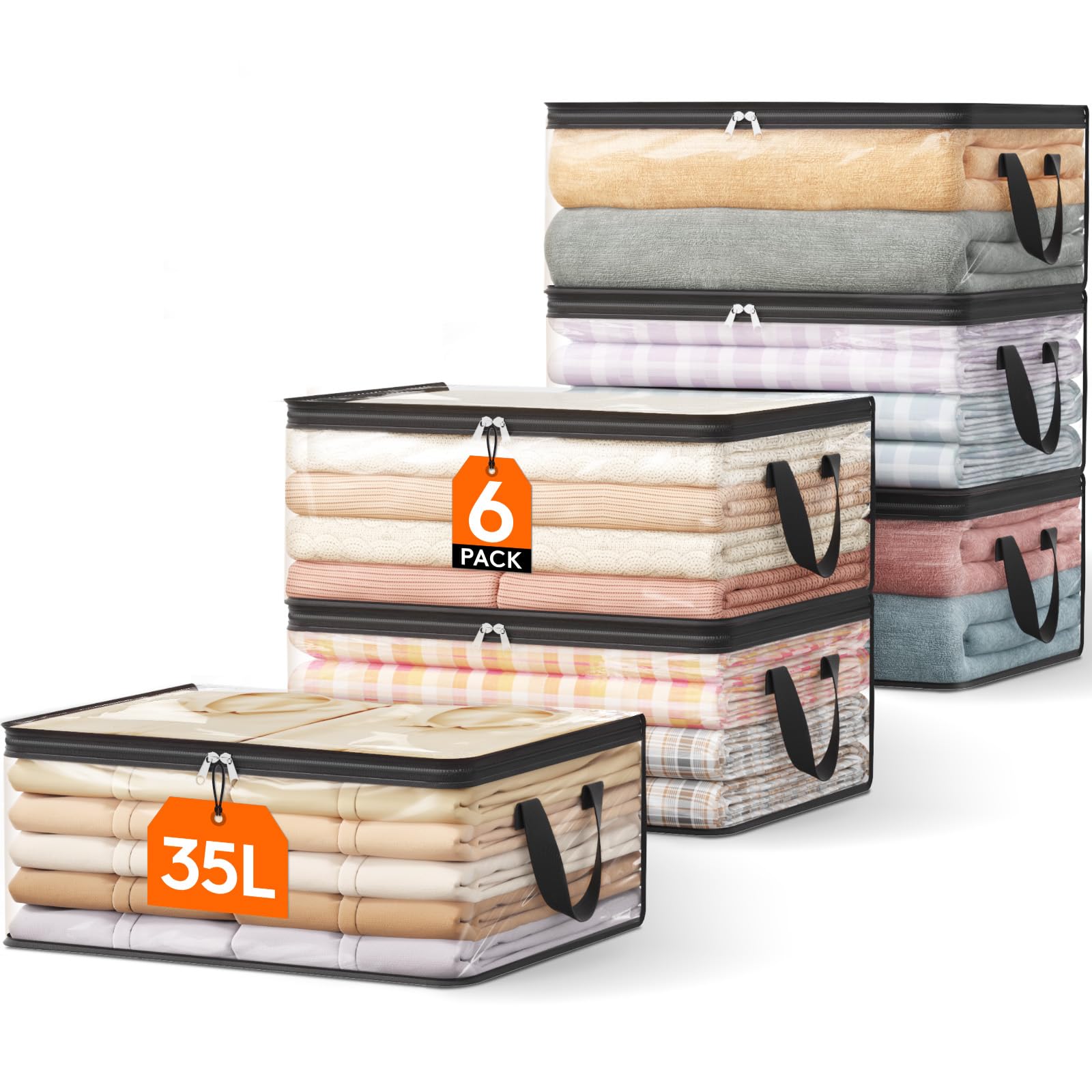 Lifewit 6 Pack Clear Clothes Storage Bags, 35L Plastic Vinyl Foldable Moving Bags with Zipper and Reinforced Handles, Closet Organizers and Storage Containers for Blanket, Sweaters, Coats, T-shirts