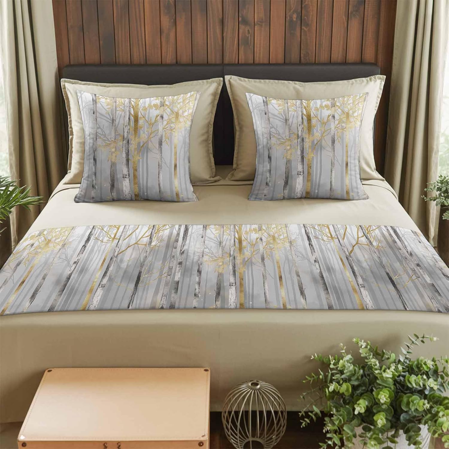 Golden Grey Tree Bed Runners for Queen Size Beds Oil Painting Forest Abstract Art Bed Scarf Matching Decorative Throw Pillow Covers Hotel Beds End Blanket Towel Soft Bedspread Protection for Bedroom