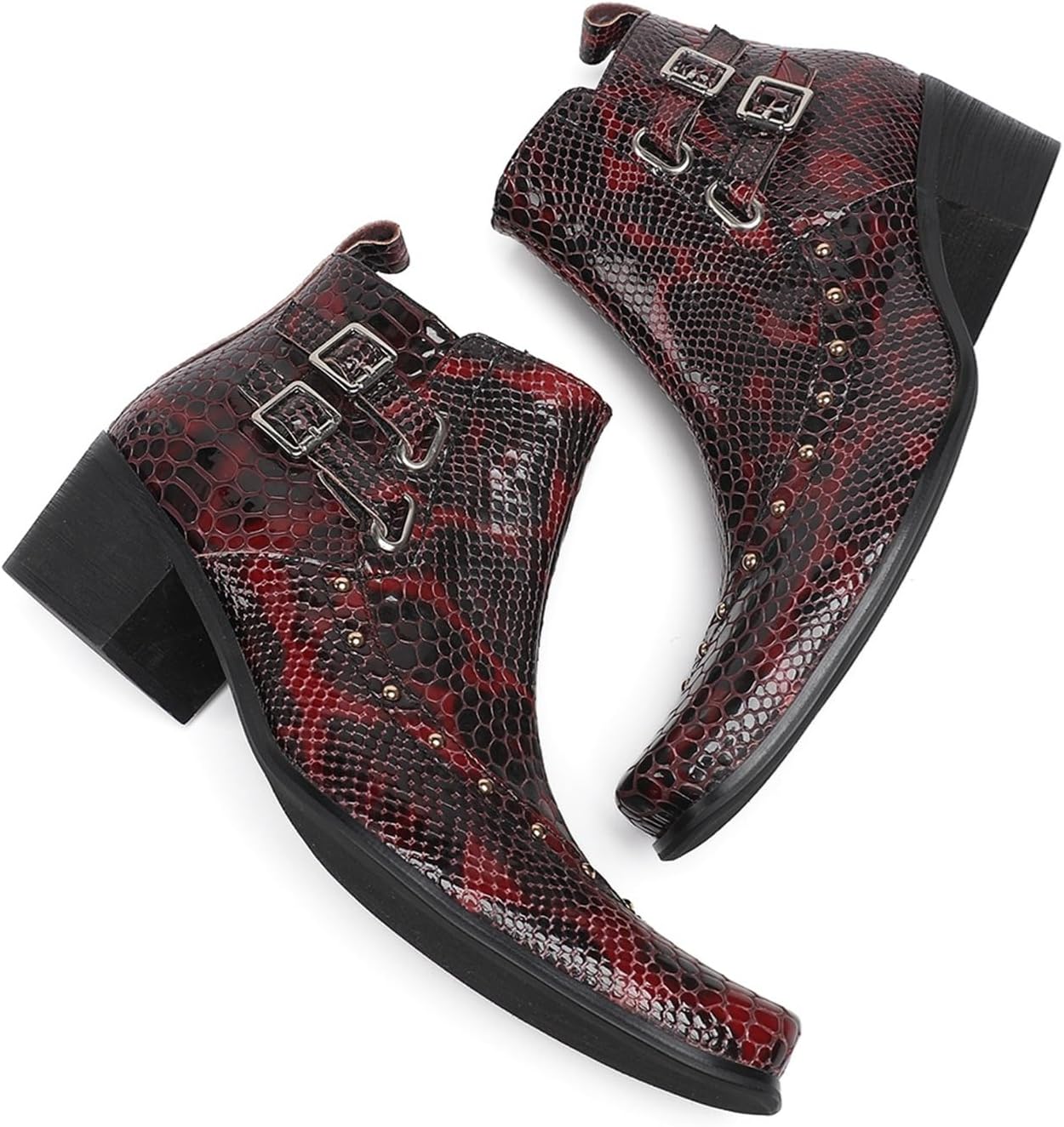 [Taopagii] パンク系 ショットブーツ ザード型押し リベット バックル ビジュアル系 本革 モード メンズ ハイヒールブー