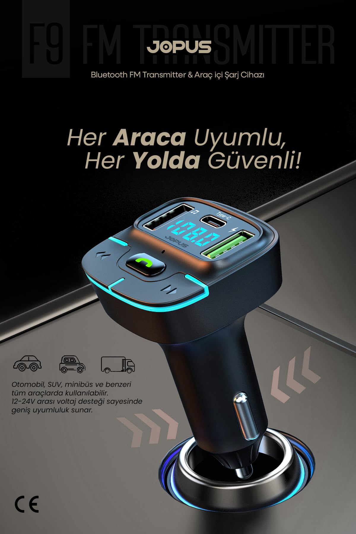 Jopus Bluetooth FM Transmitter Araç Kiti, Hızlı Şarj, USB, Type-C, HD Mikrofon, 9914