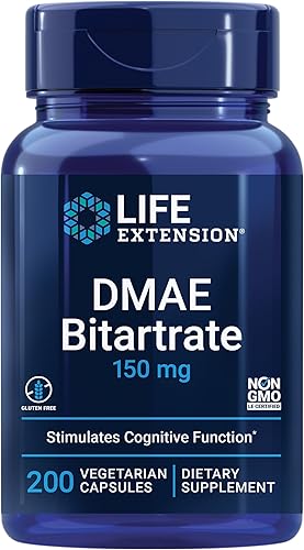 Life Extension Bitartrato DMAE, apoya la producción de neurotransmisores, suministro de 6 meses, sin gluten, sin OMG, vegetariano, 200 cápsulas