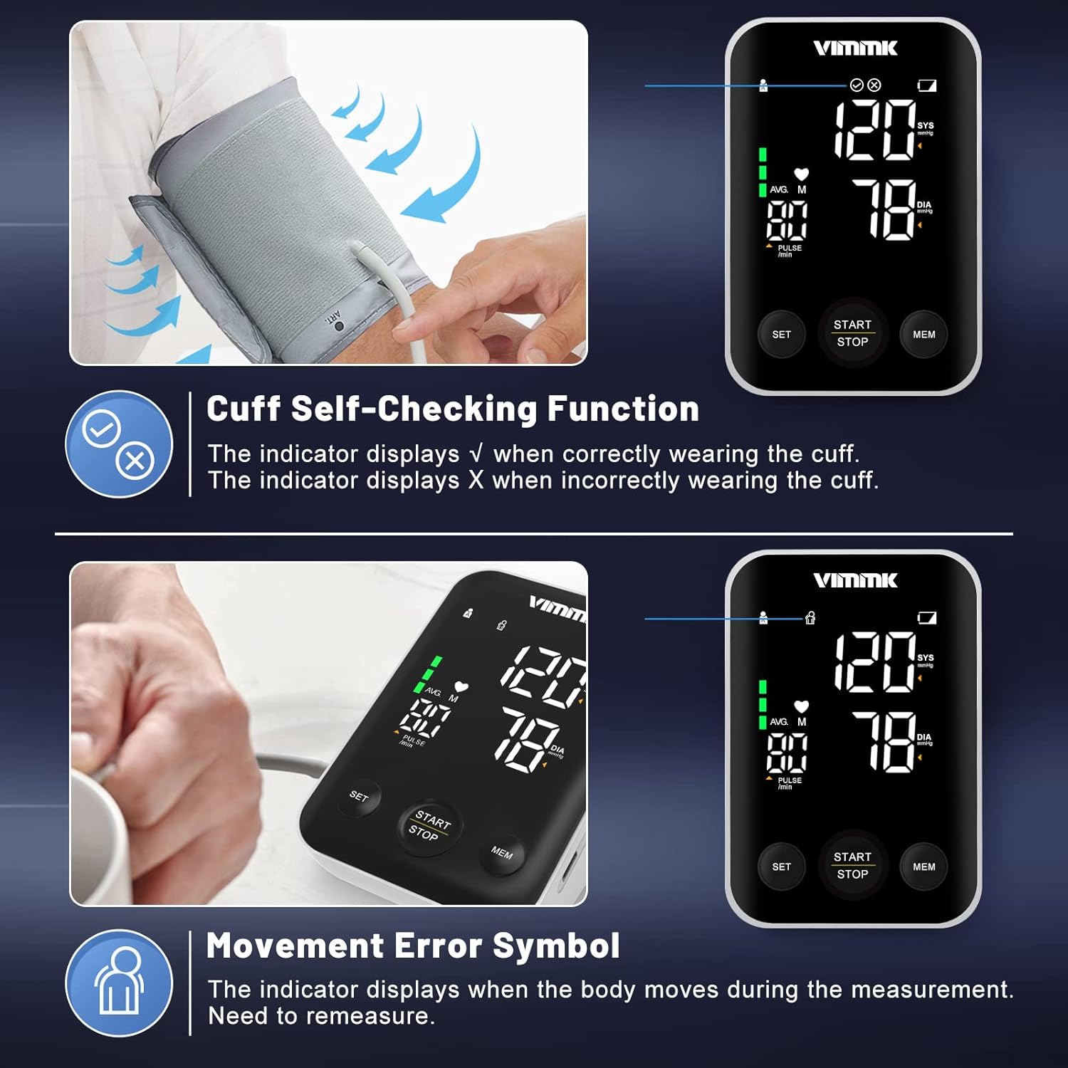 Monitor de presión arterial Vimmk que muestra la conexión del cable USB-C y el compartimento de la batería