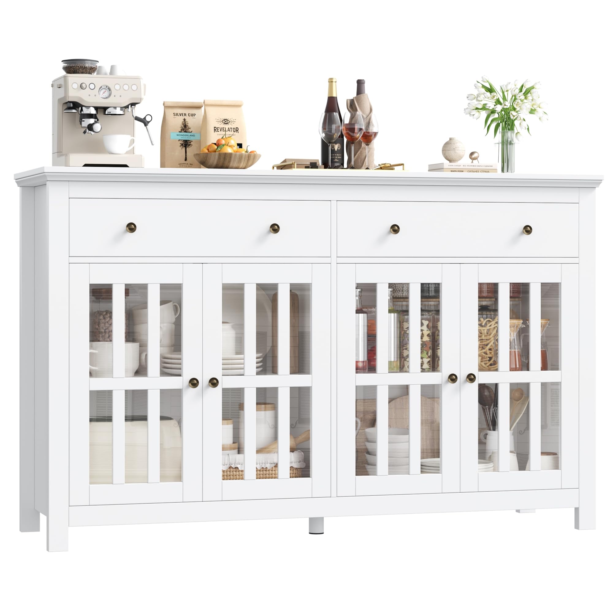 FirFurd 140cm Aparador Cocina, con 2 Cajones y 4 Puertas de Cristal, Blanco | Vitrina Salón, Muebles de Salón, Aparador Comedor, Mueble Recibidor, con Estantes Ajustables, 140x40x91cm
