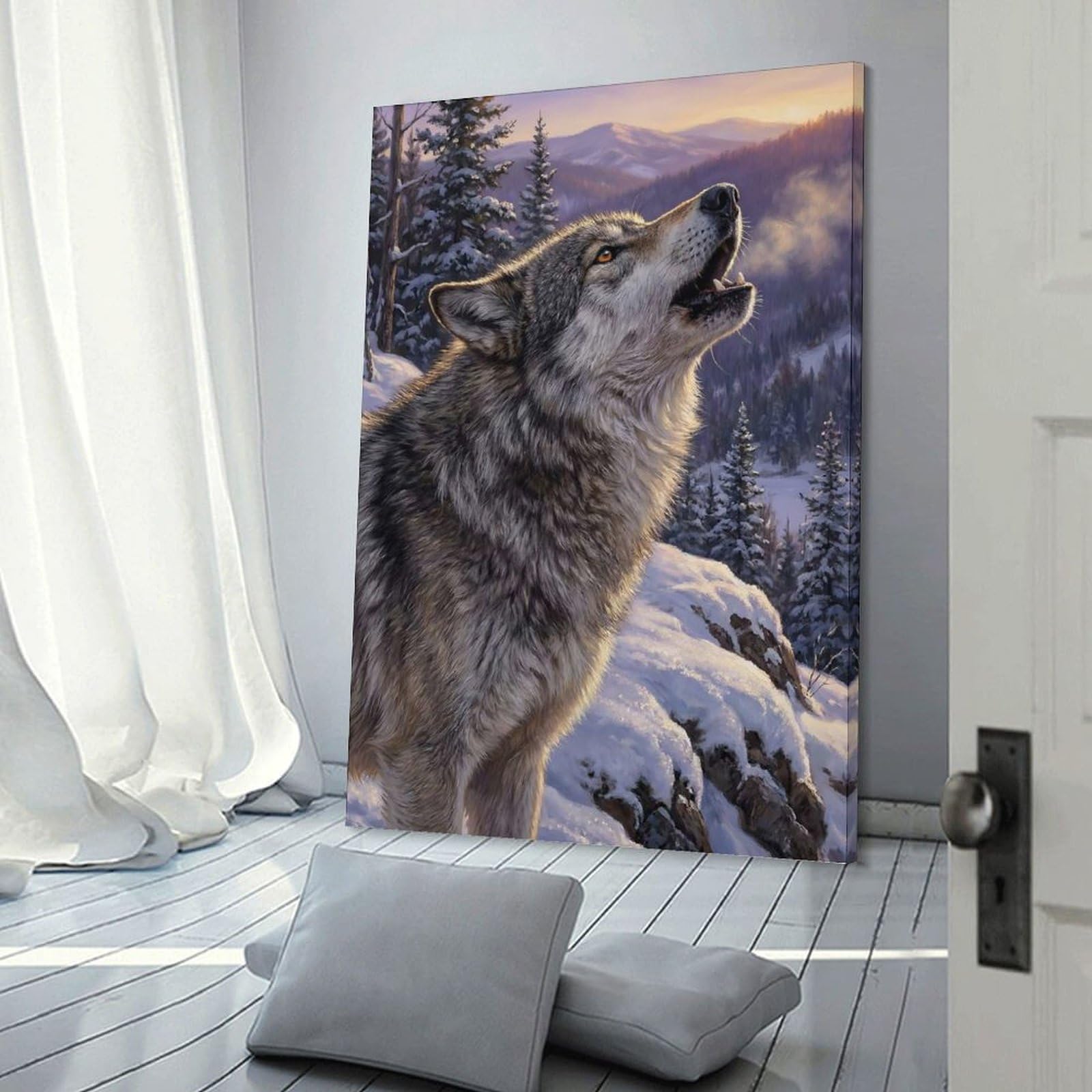 Junmoney Howling Wolf in Winter Landscape Wall Art Print 24x36inch(60x90cm), for Art Walls, Layered Displays Or Homes, Wall Decor Suited to Curated Displays
