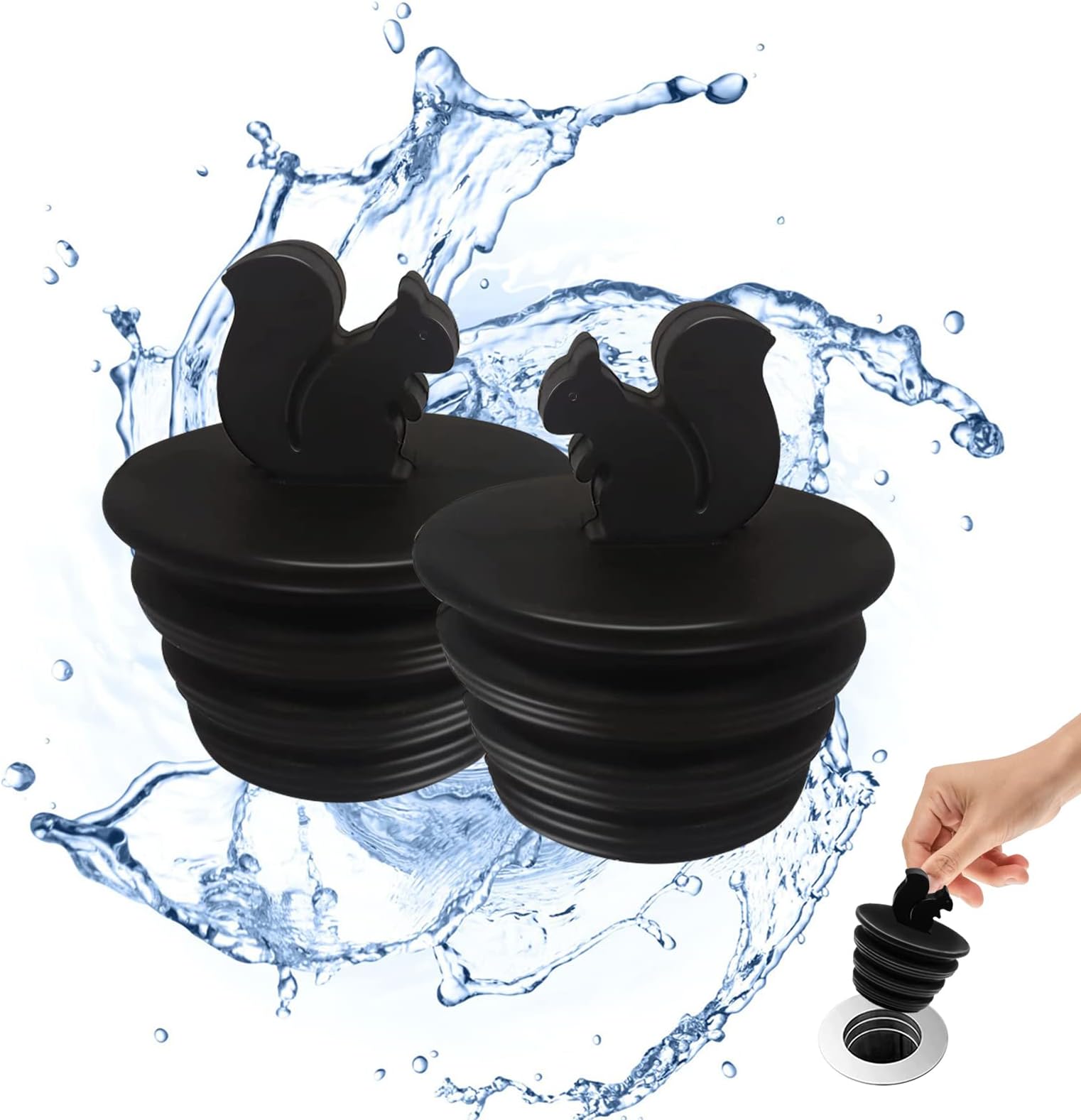 Universal Bathtub Plug - 2 Pack Silicone Tub Stopper, Black Squirrel Shape, Fits Kitchen & Bathroom Sink Drains