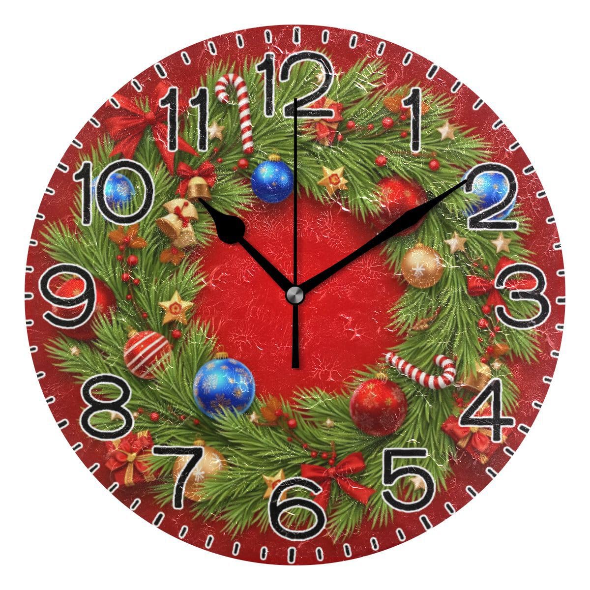 Couronne de Noël sur horloge murale rouge silencieuse et rétro pour salon