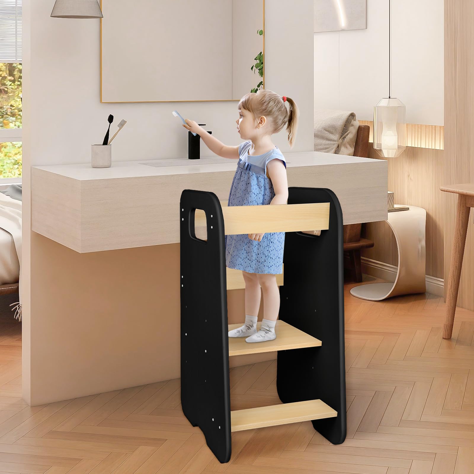 Tour d'apprentissage/Tour d'Observation Montessori en Bois – Tour d’Éveil pour Enfant - Dérapante, Pieds Anti-Bascule Méthode Montessori (Noir, 80 * 50 * 40 cm)
