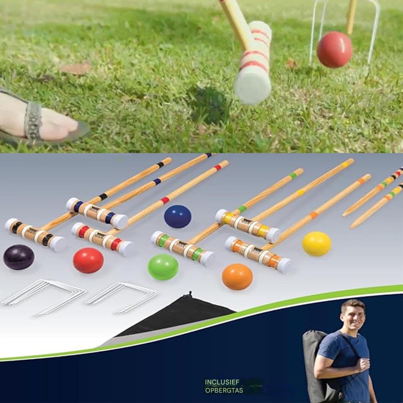 Conjunto de Croquet para Adultos, Set de Croquet Juegos de césped al Aire | Set portátil de deportes de madera, kit de boliche de madera reutilizabl