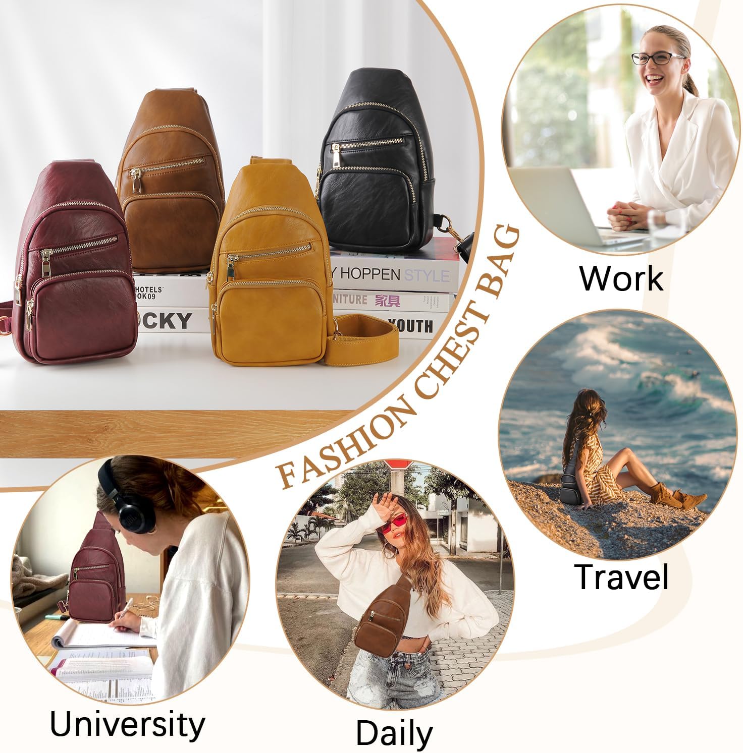 VX VONXURY Sling Bag for Women,PU Leather Crossbody Fanny Packs, Multipurpose Chest Bag with Adjustable Strap - Image 8