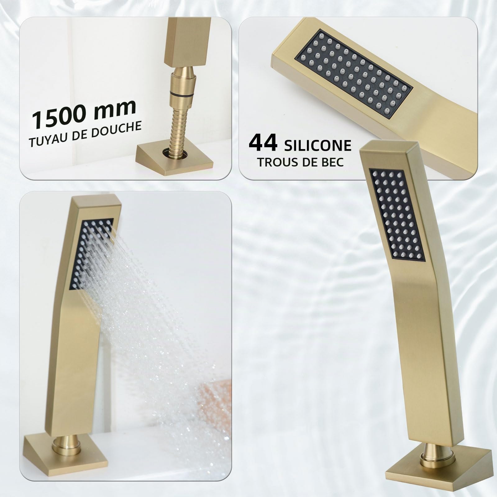 Robinet Baignoire 3 Trous, Mitigeur avec Douchette 3 Trous, Robinetterie de Baignoire Cascade, Or Brossé, 6Y4OK