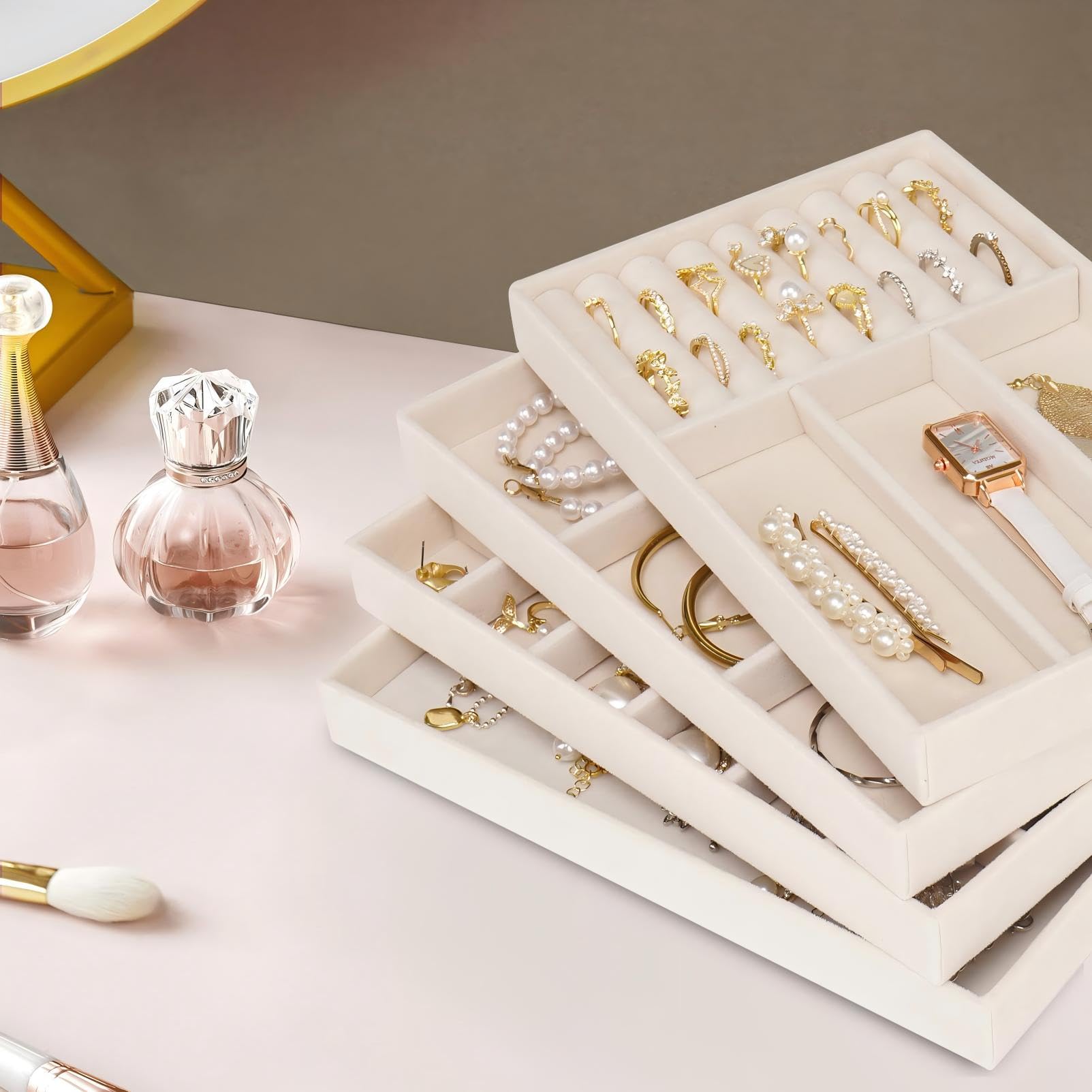 Stackable Jewelry Trays Organizer for Drawer, 4 Set of Jewelry Organizers and Display Case Storage, Velvet Drawer Inserts Organizer for Necklace Bracelets Earrings Organizer-4 Set , Gift For Her,Beige