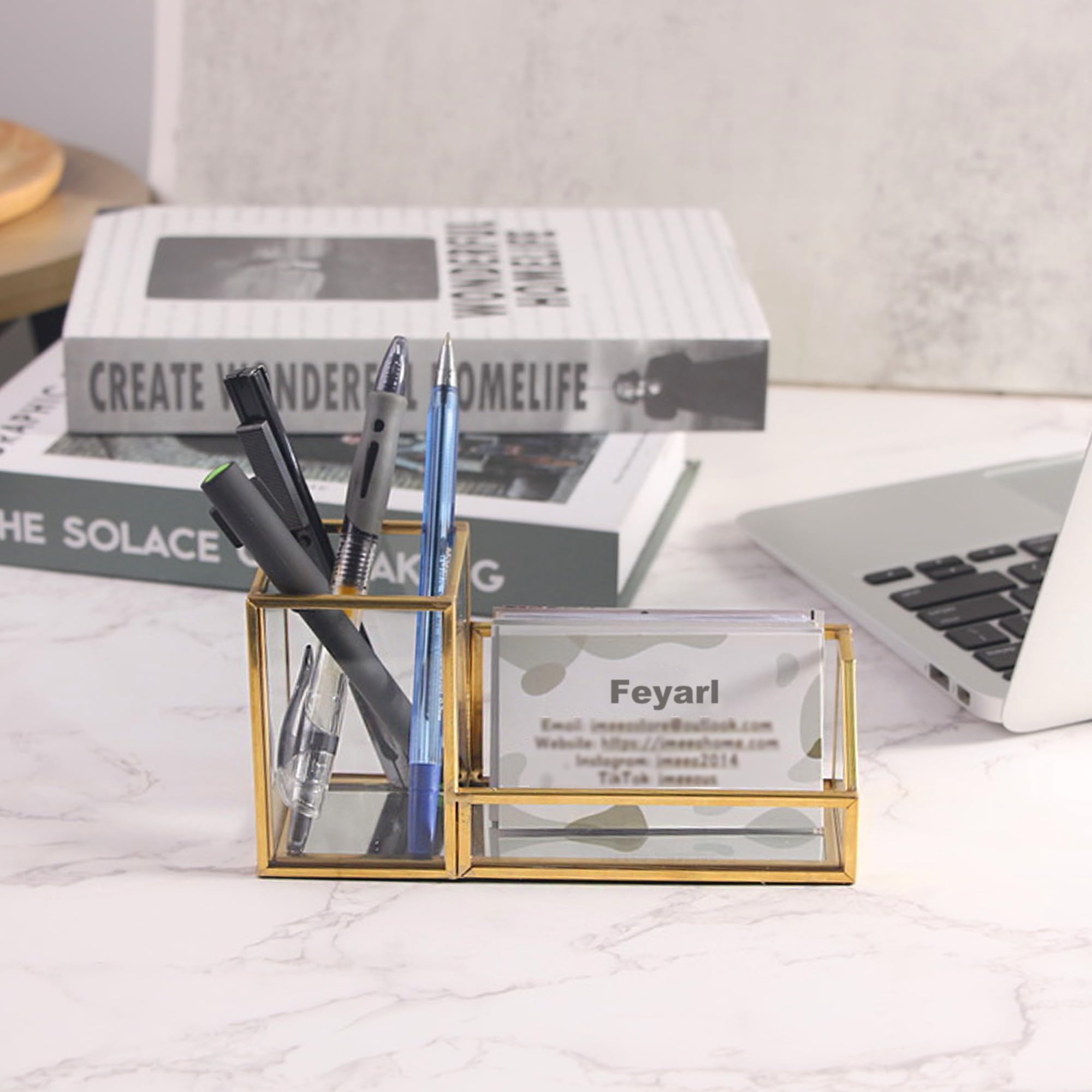 Feyarl Gold Glass Business Card Holder Pen Pencil Holder Clear Desktop Business Name Card Display Stand Organizer Case for Office Desktop Meeting Salons Countertop 2 Slots - Image 4
