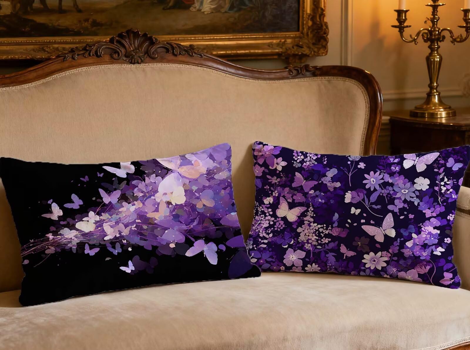Housse de coussin violet 80x100cm velours taie oreiller rectangulaire papillon salon