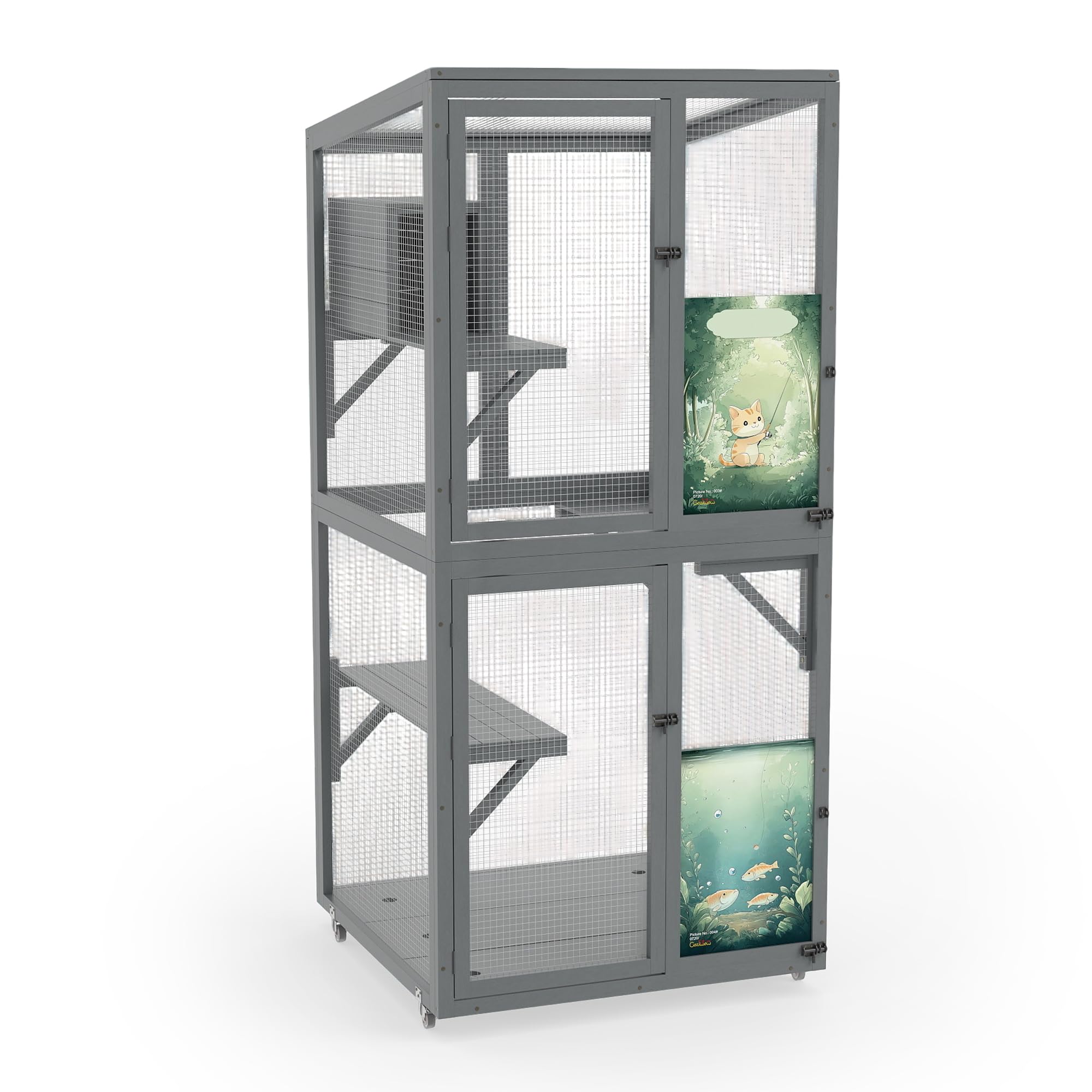 Recinto mobile per gatti, in legno, con ruote, 3 ripiani, resistente alle intemperie, per balcone e giardino, 178 x 80 x 80 cm