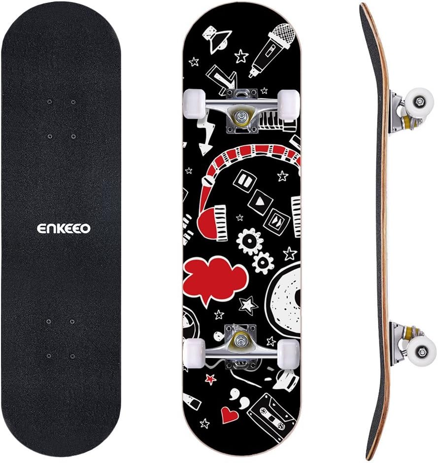 ENKEEO 32" Skateboard Complete 9 Ply Maple Wood Double Kick Concave Skateboards, ABEC-9 Tricks Stake Board for Beginners and Pro