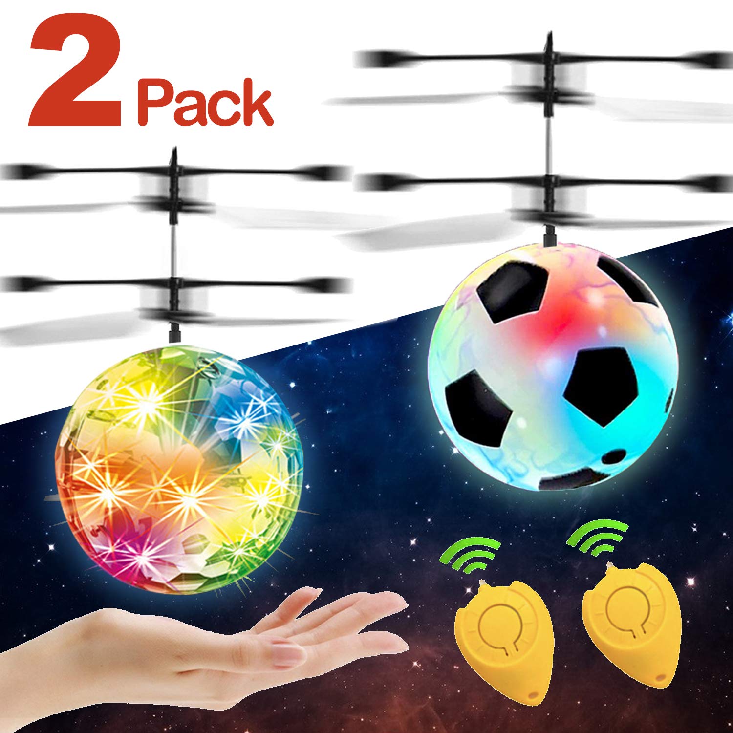 2 Pack Flying Ball Toys,RC Toy for Kid Boy Girl Christmas Birthday Gift Rechargeable LED Lighting Ball Drone Infrared Induction Helicopter, Hand Operated Remote Controller for Indoor Outdoor Game