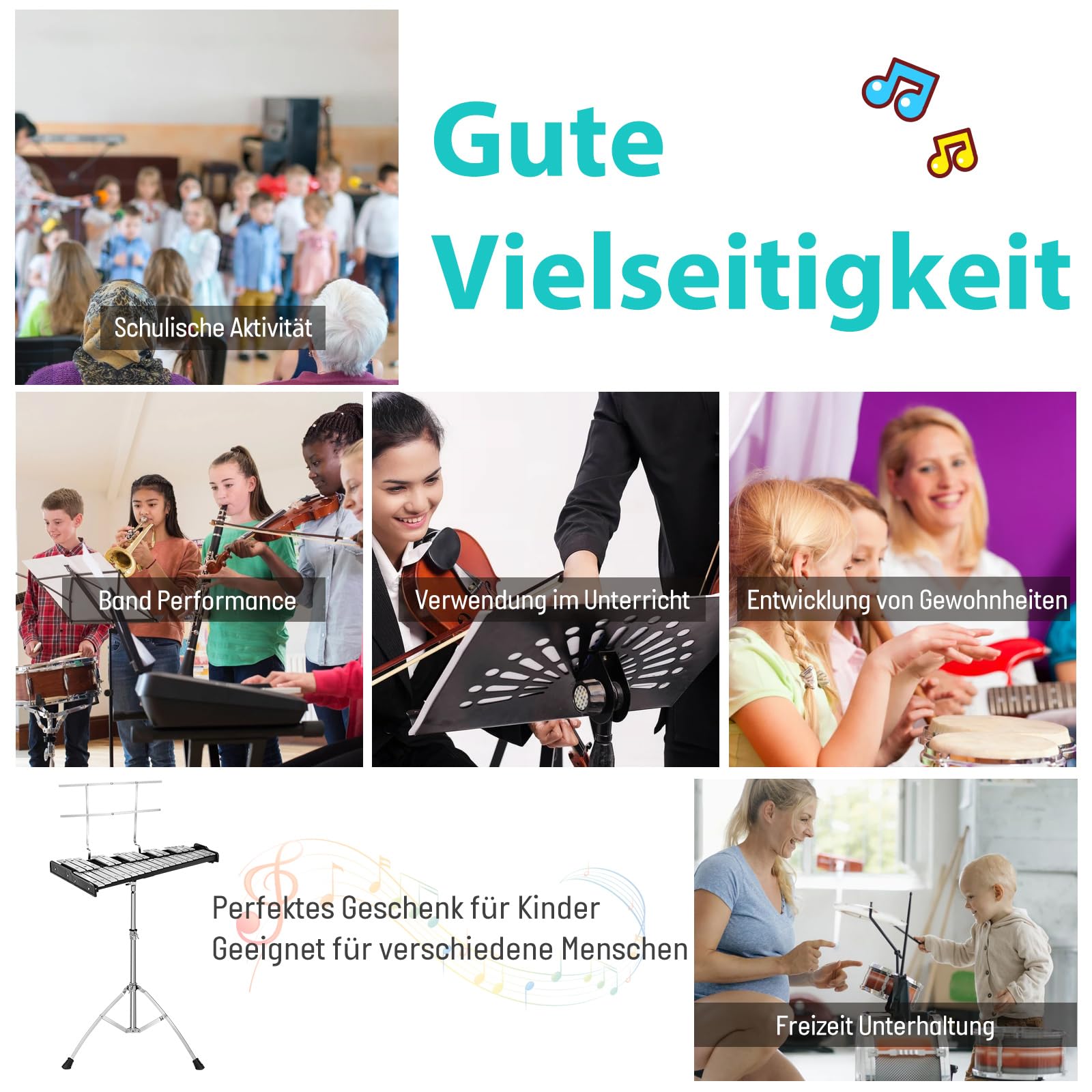 COSTWAY Glockenspiel 32 Tönen Xylophon mit verstellbarem Ständer, 20cm Übungspad, Schlägeln und Tragetasche, Percussion Schlaginstrument Alu