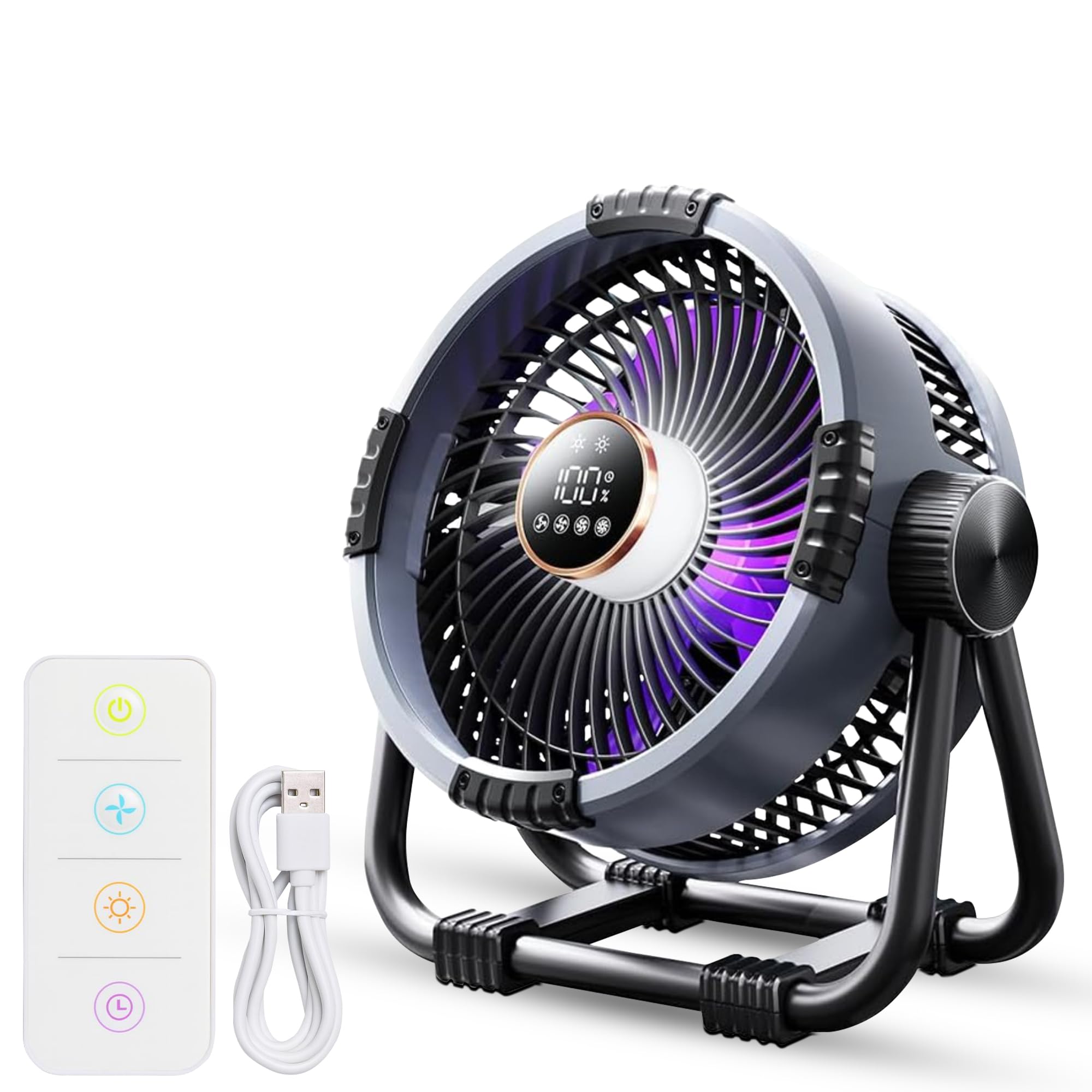 CUPERINOX® Ventilador Portátil Silencioso y Recargable con Power Bank 20000mAh, +50H de batería – Ventilador de Mesa USB con Mando, Luz LED y 4 Velocidades – Ideal para Dormir, Camping y Hogar.