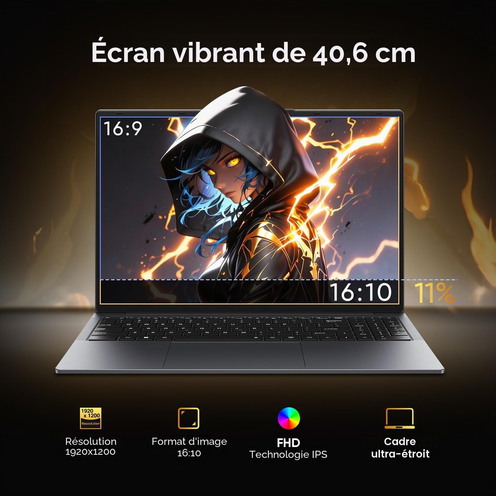 16" Ordinateur Portable Gamer-Core i5-8210Y(Jusqu'à 3,6 GHz),16GB RAM,256GB SSD,FHD 1920x1200 16:10,Clavier rétroéclairé Wi-FI5 BT5.0,USB-A,HDMI,RJ45 Film Silicone AZERTY 44Wh (7.6V/5800MA)