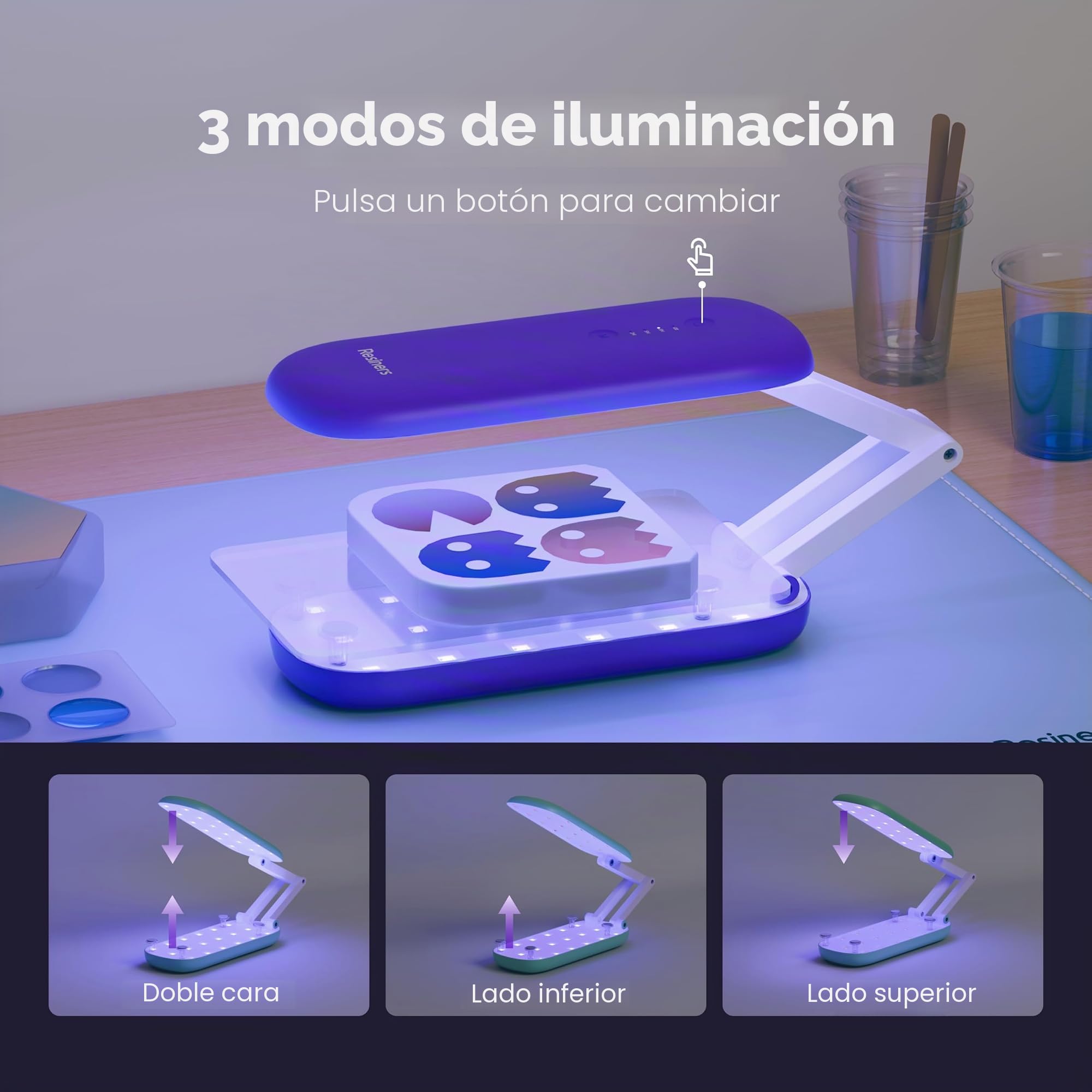 Resiners Lámpara UV para resina, lámpara UV de doble cara para resina, lámpara UV plegable, linterna negra ultravioleta LED inalámbrica y recargable, suministros y herramientas, púrpura
