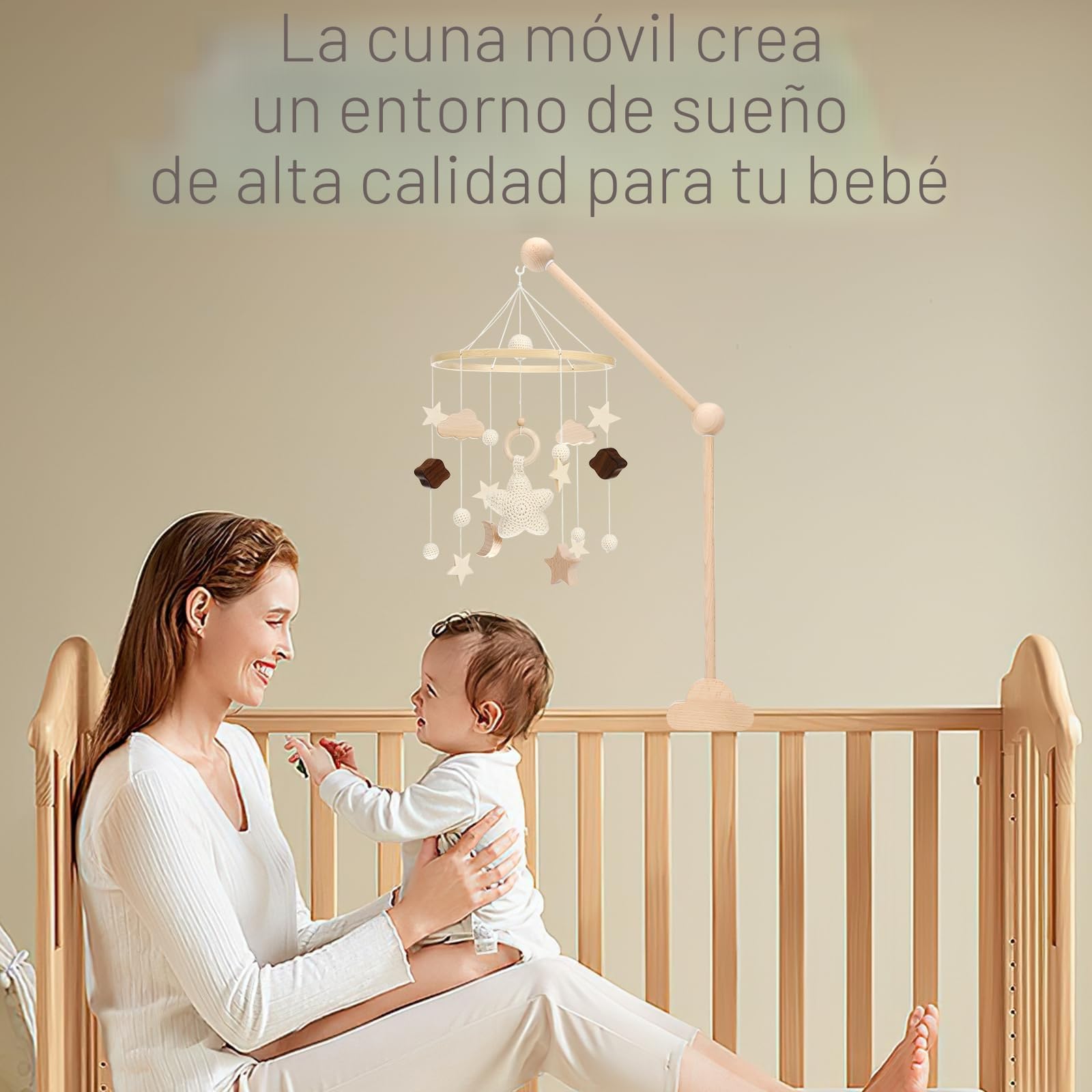 Farerkass Soporte Móvil para Bebé, Soporte de Madera para Cuna, Altura Ajustable, Brazo Móvil de Cuna Extraíble, Ideal para Campanas de Viento, Juguetes y Decoración de Habitación Infantil