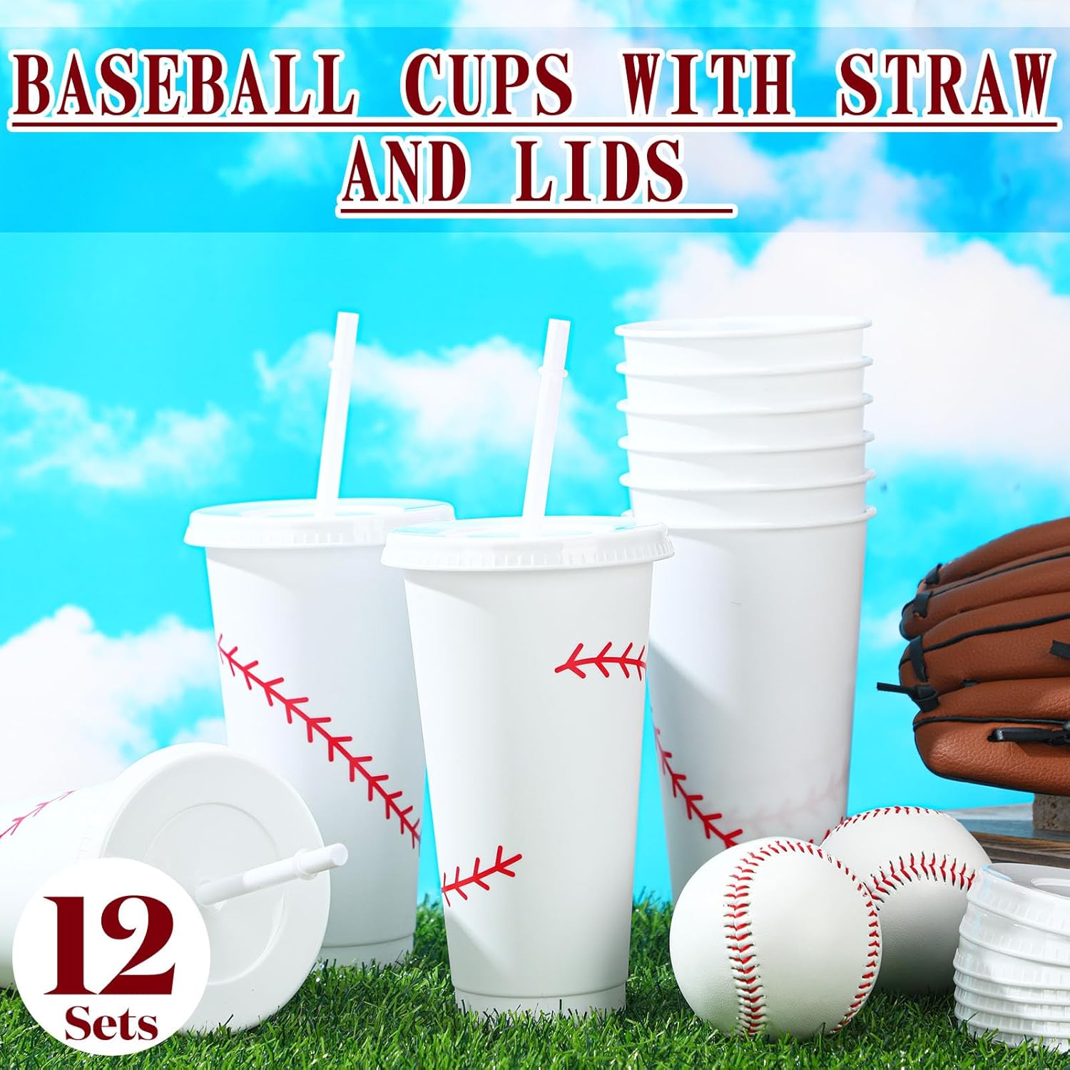 Domensi 12 Pcs White Baseball Sport Ball Plastic Tumbler with Lid and Straw 24oz Reusable Plastic Cups Gifts for Fan Friend Birthday Sport Party Gifts Supplies - Image 4