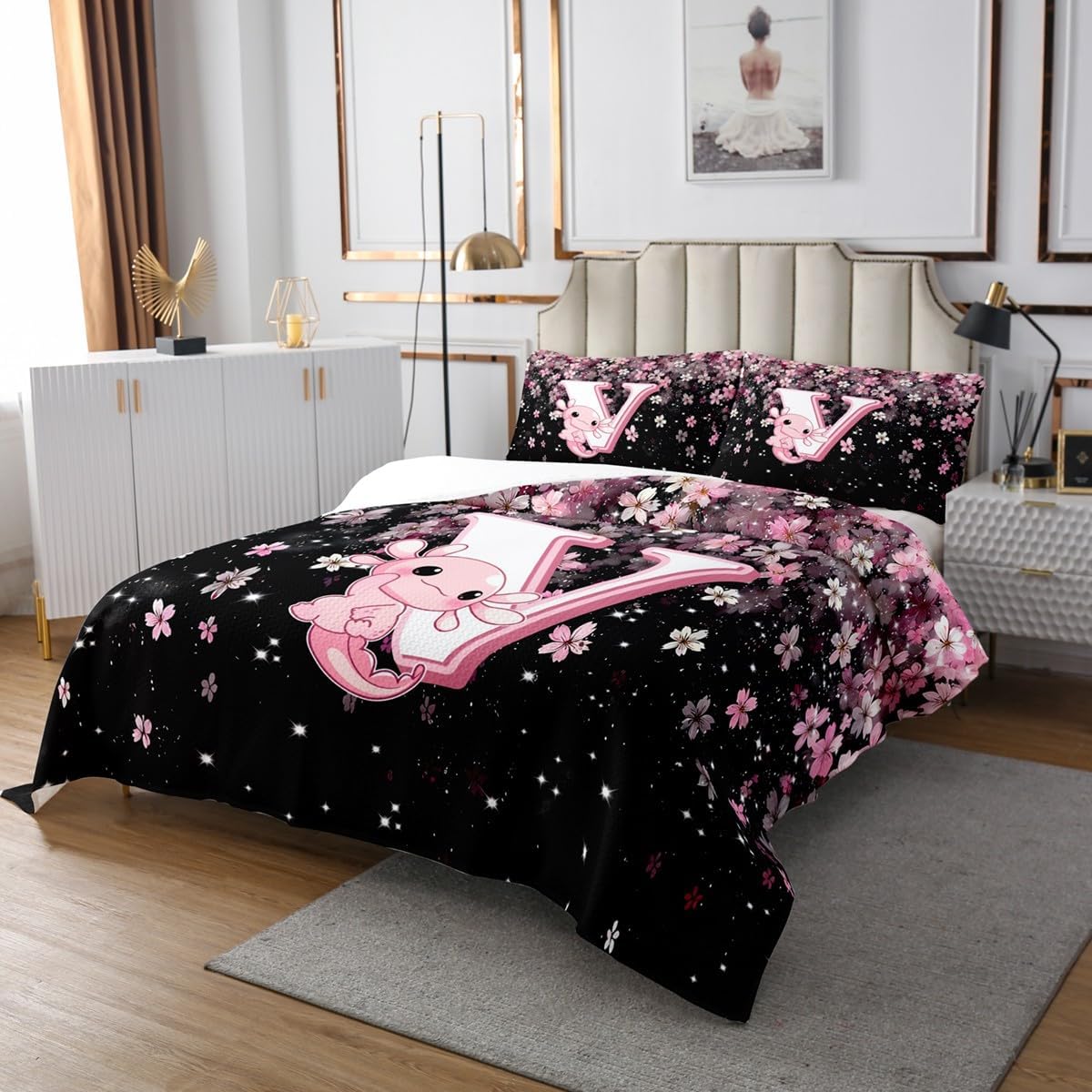 Erosebridal Pink Black Alphabet C Bedspread Sets King Size with Cute Axolotl Design - Japanese Cherry Blossom Coverlet Set Cute Axolotl Bed Set Initial Letter Bedding Set with Floral Design