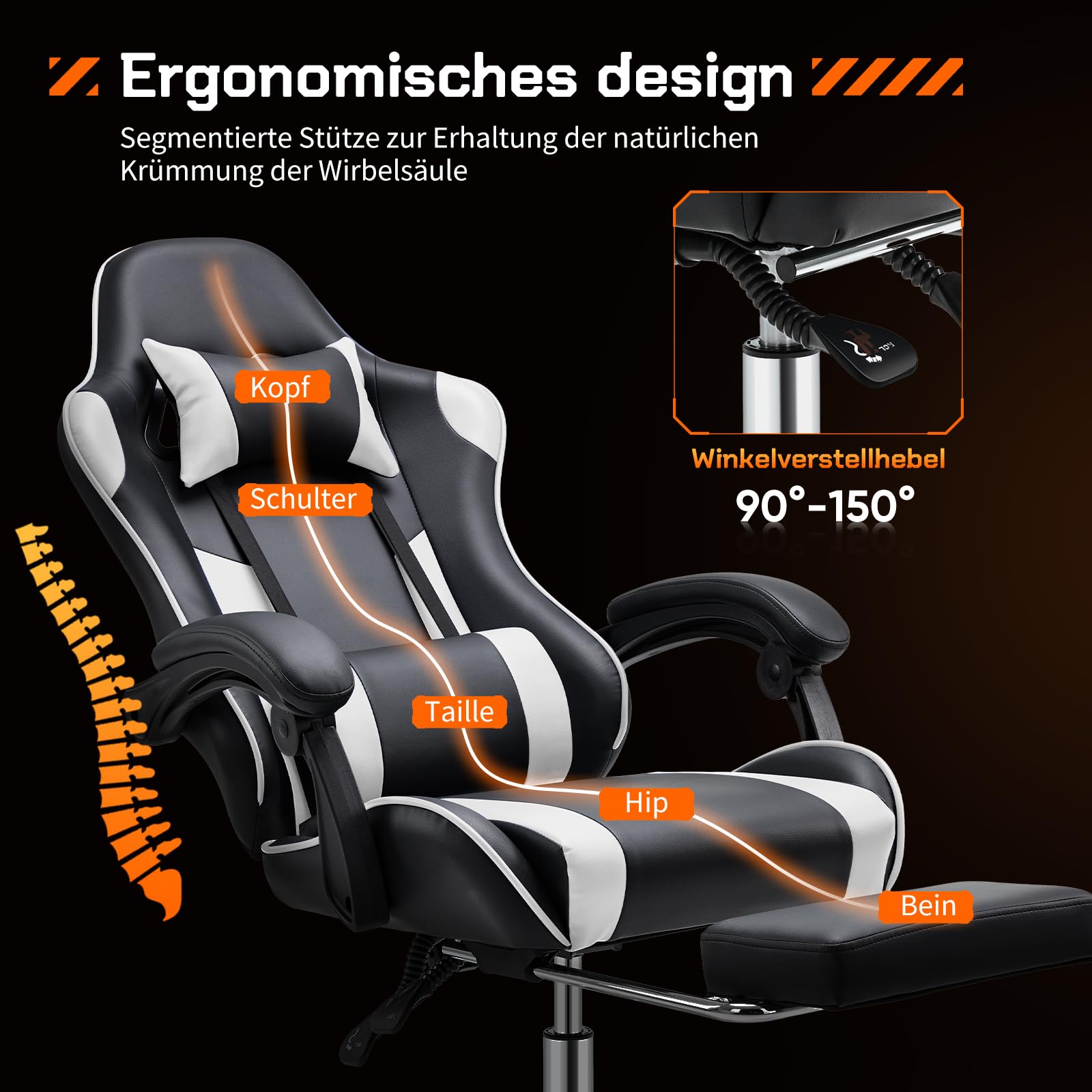 Sweetcrispy Sedia per Scrivania dei Giochi da Video, Ergonomica per Computer con Poggipiedi e Comodo Supporto Lombaro, Reclinabile in Pelle PU con Poggiatesta, Braccioli Fissi, per Adulti, Bianco