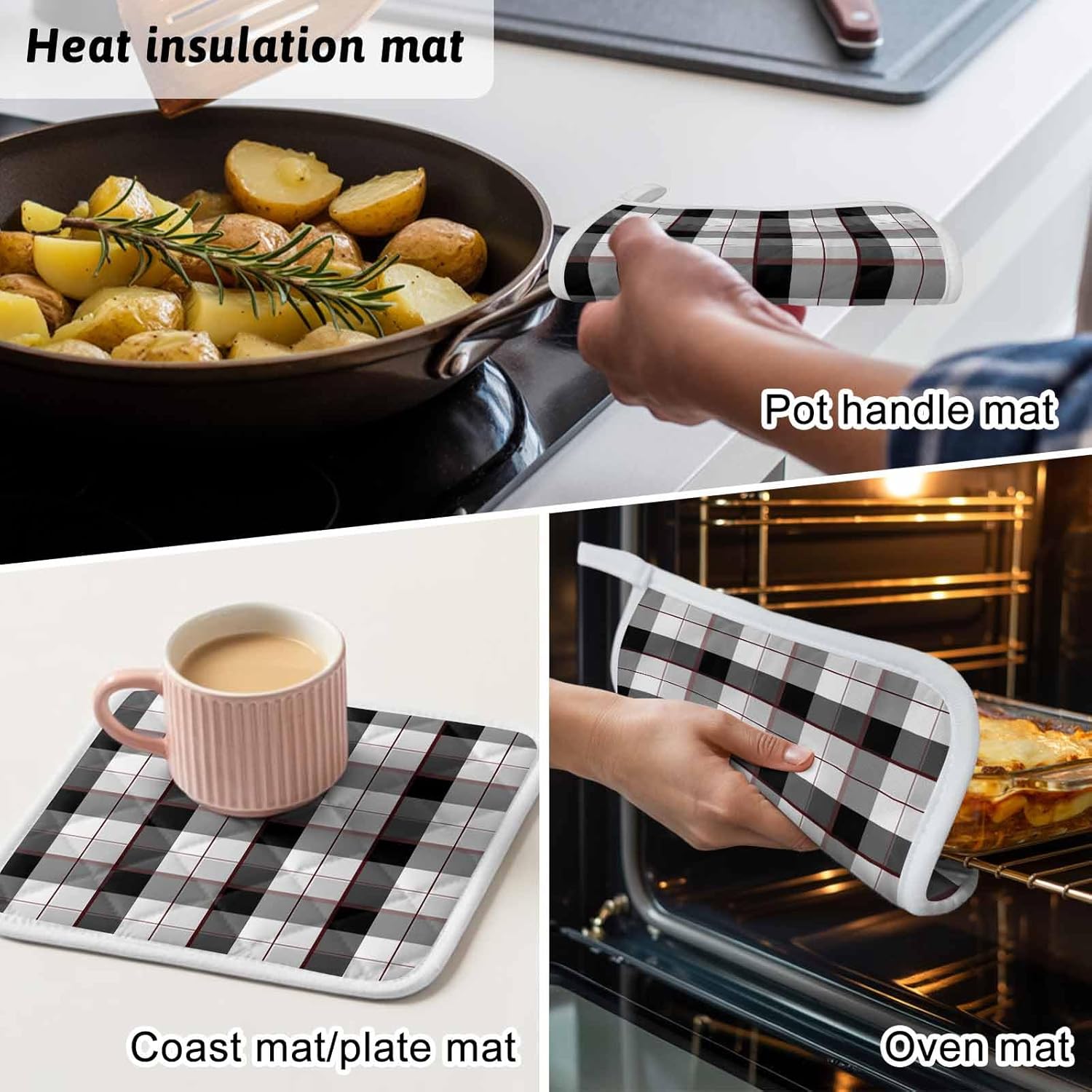 Black Grey Plaid Pot Holders for Kitchen Heatproof Potholder, 5 Pack Modern Abstract Ombre Gingham Checkered Hot Pads Multipurpose Oven Pads Cloth Potholders Trivet for Cooking Baking