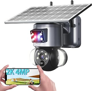 𝟜𝕄ℙ Solar Security Cameras Wireless Outdoor, 12000mAh Battery Power 2K Home Camera with Solar Panel, ʀᴇᴅ-ʙʟᴜᴇ ʟɪɢʜᴛ ᴀʟᴀʀᴍ, 2.4GHZ WiFi, PIR, IP65, Flood Light w/Siren, Color Night Vision, 2-Way Talk