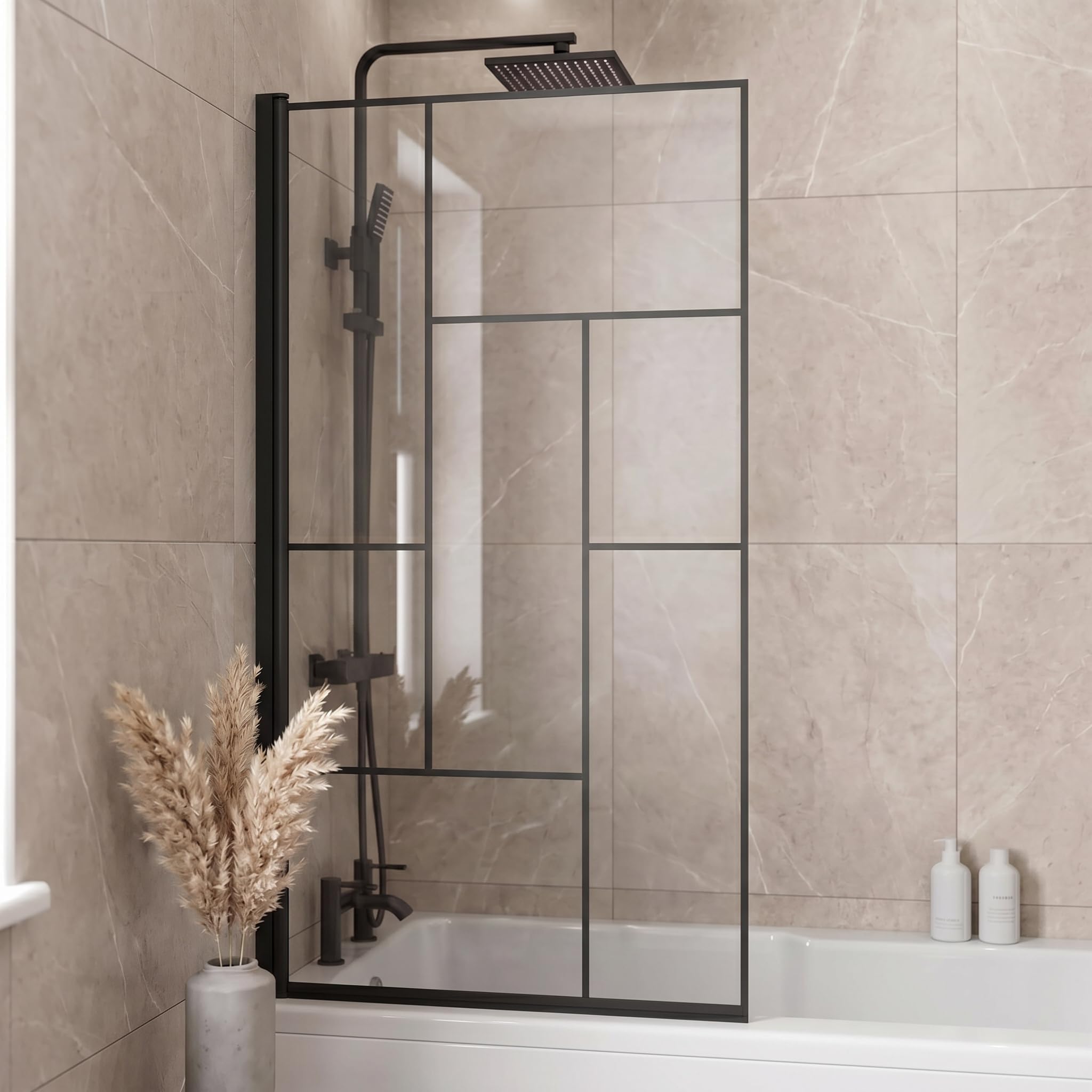 Luxura Abstract 1400 X 800Mm Black Grid Bath Shower Screen 6Mm Toughened Glass