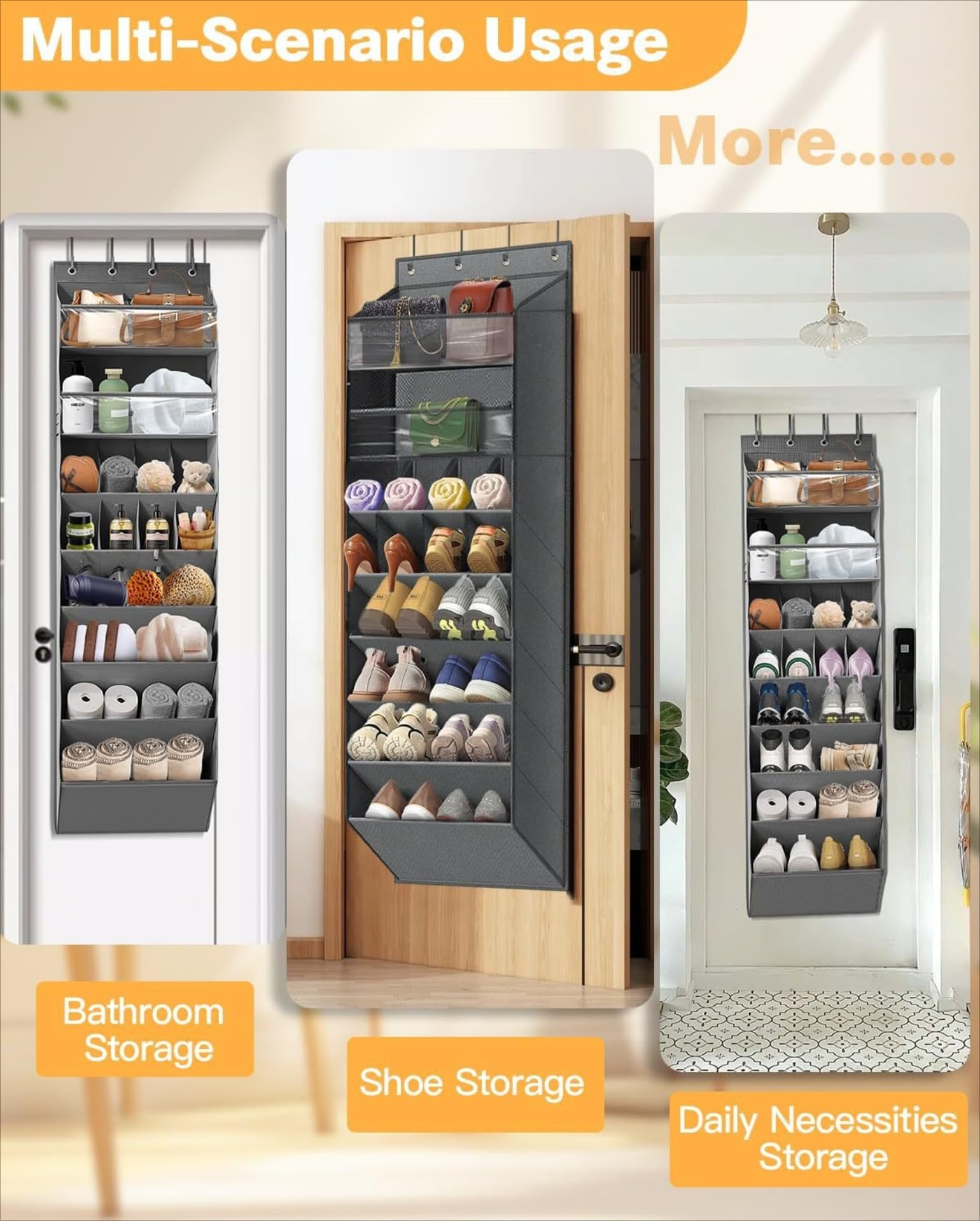 Zapatero para colgar sobre la puerta con 8 estantes para botas, solución de almacenamiento estrecha para el hogar y el apartamento, bolsillos profundos para artículos esenciales diarios, color gris