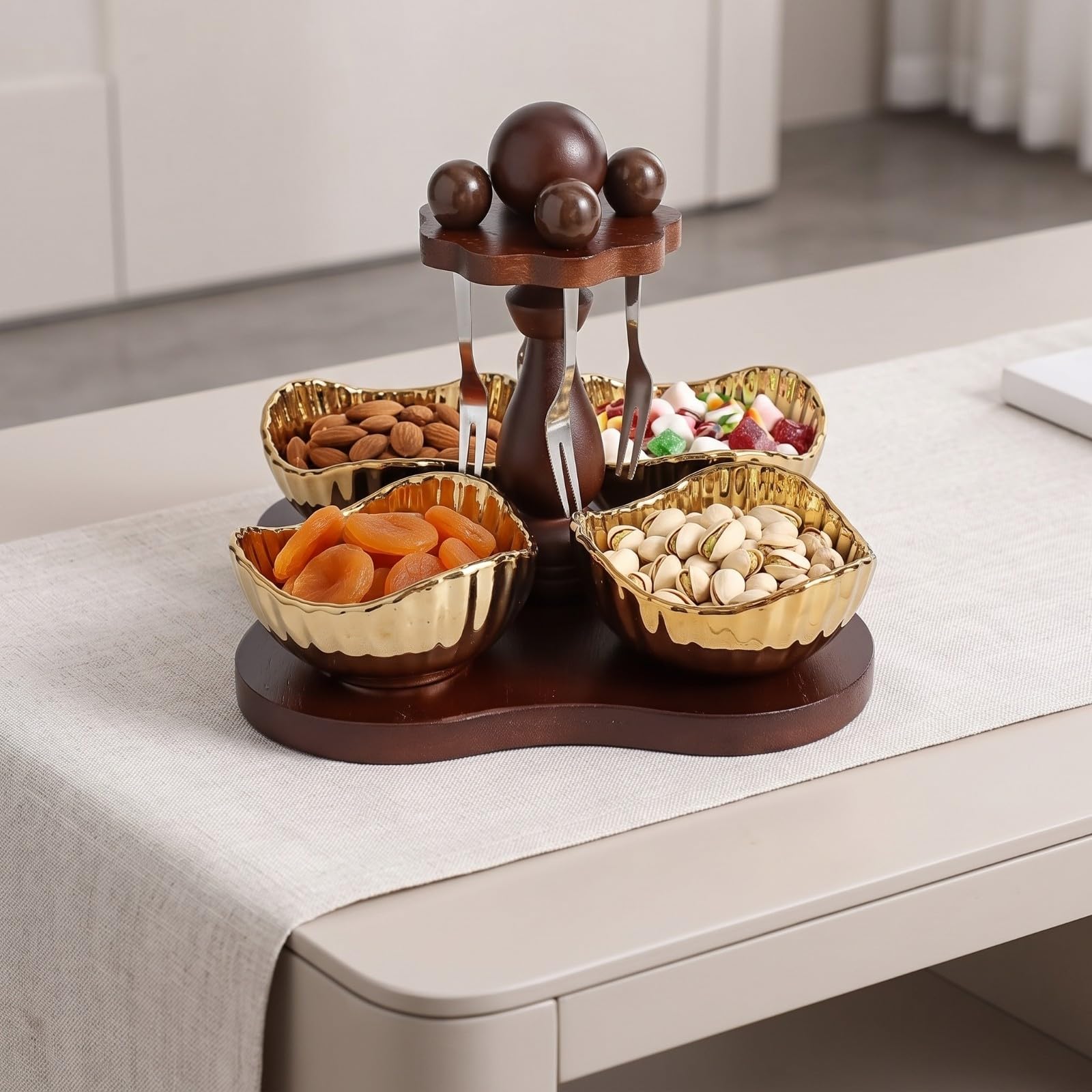 modern Drehbares Serviertablett | Sockel aus dunklem, Snacktablett mit Schalen, elegant, Tapasbrett mit Schälchen, für Couchtisch, Esstisch, Gastgeber, Gold