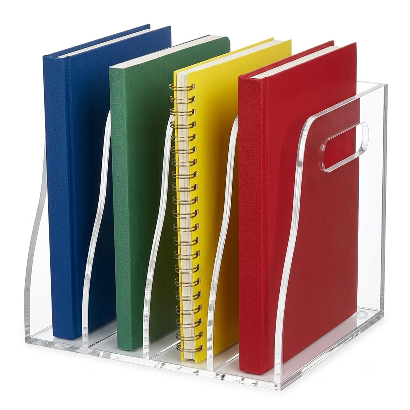 Soporte acrílico para archivos, organizador vertical de 4 compartimentos, organizador de escritorio transparente para el hogar, oficina, escuela, soporte de exhibición de documentos A4, libros