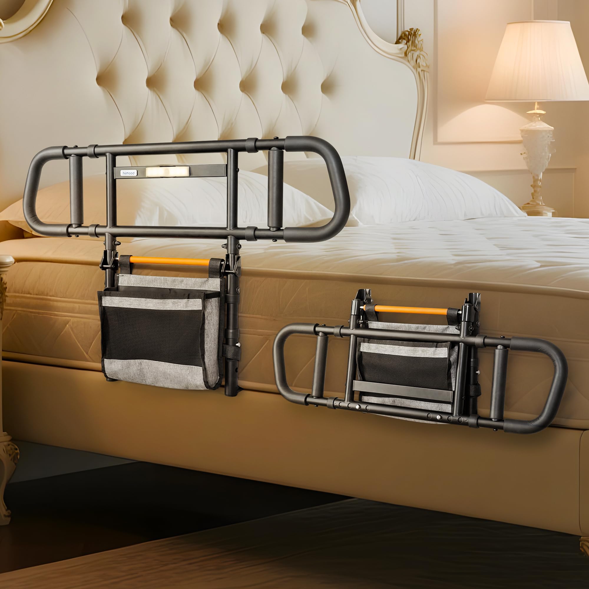 C5 Barandilla Cama Adultos Plegable - Altura y Ancho Ajustable Barrera Cama Adultos, Baranda Cama Articulada Adulto con LED, Asidero Cama para Mayores, Facilita Levantarse y Cuidados
