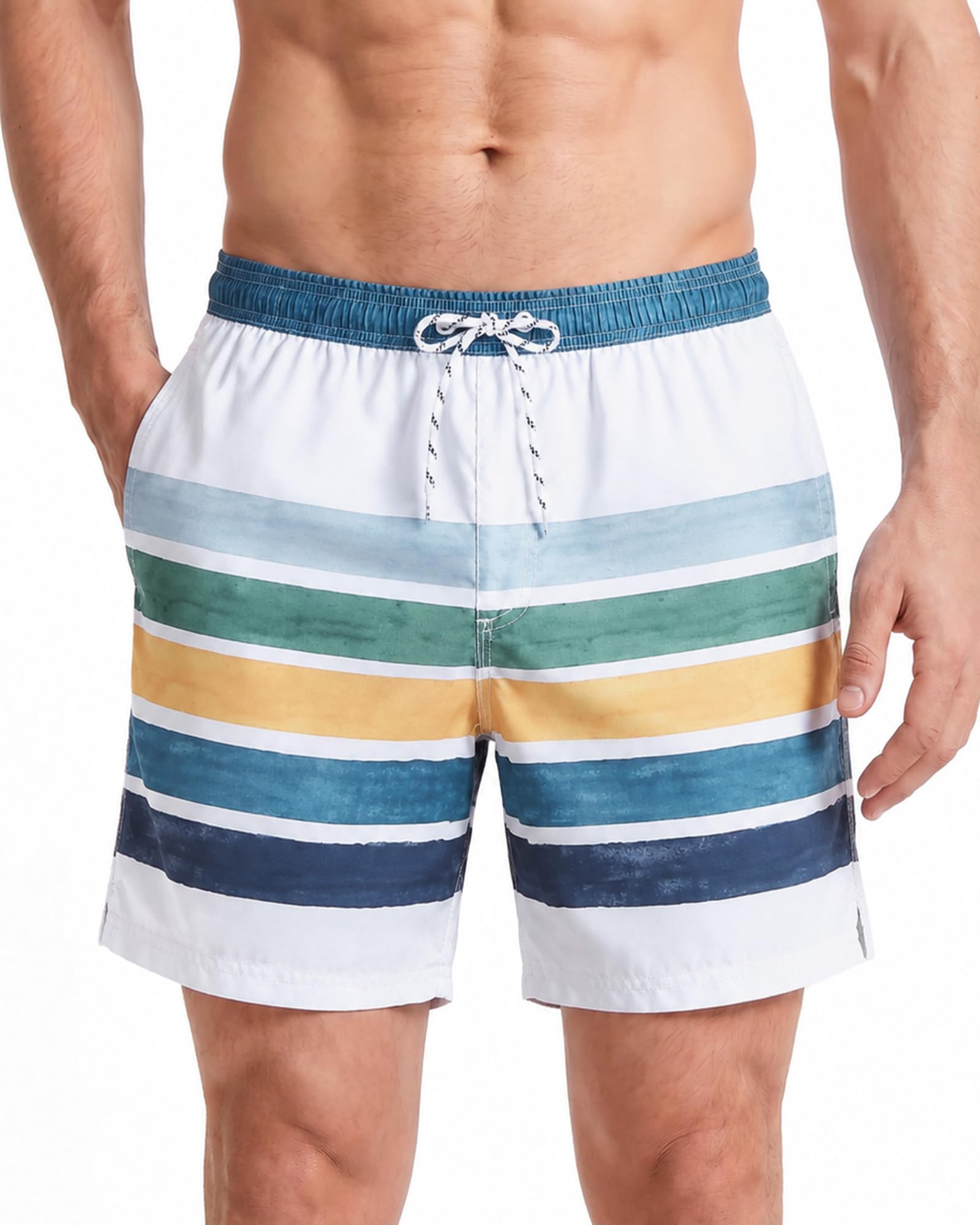 Maamgic Men's Striped White Swim Trunks Quick Dry Casual Short With Pockets Fit Performance Surfing Wear