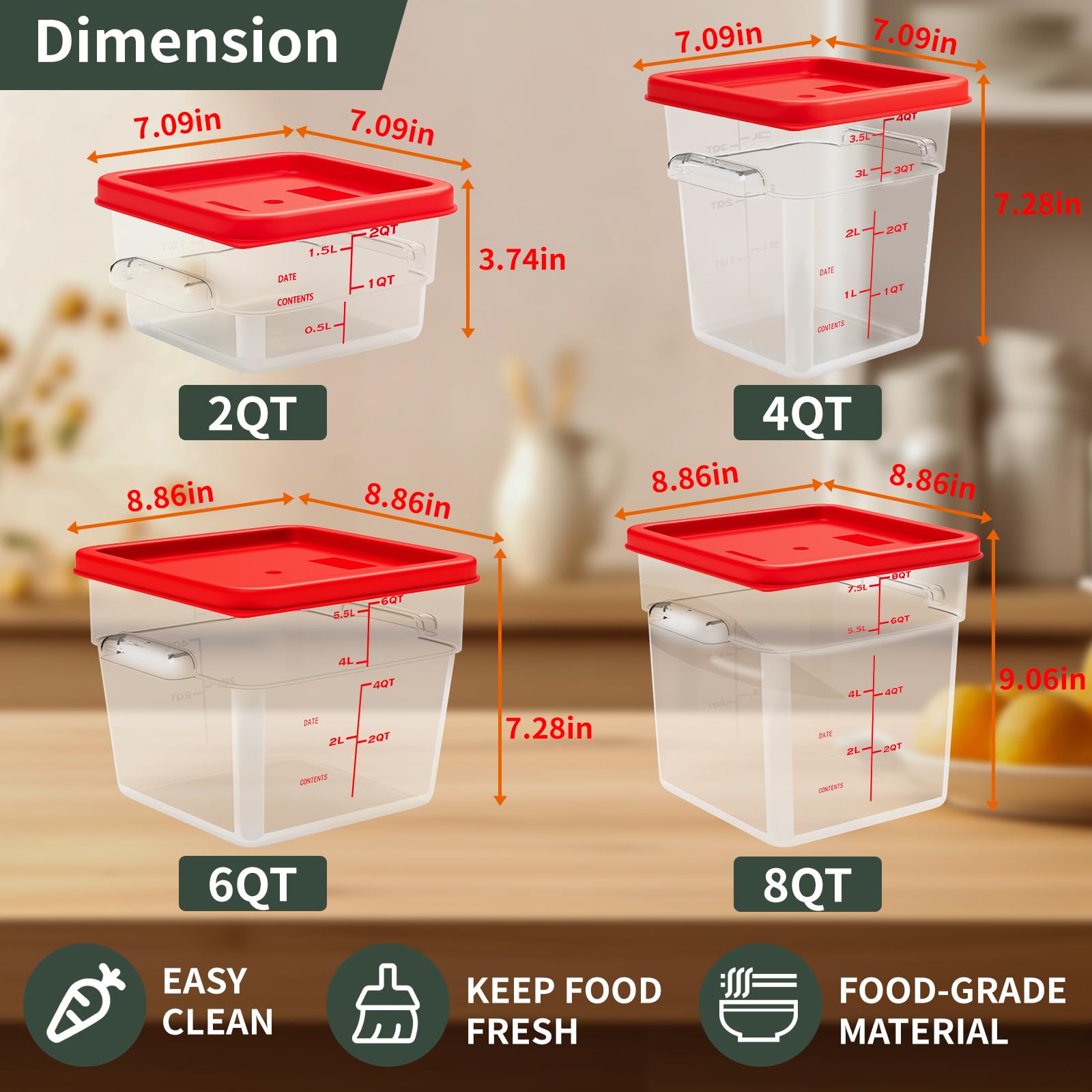 Paquete de 4 recipientes de almacenamiento de alimentos, recipientes de alimentos con tapas y asas, recipientes cuadrados comerciales para cocina, restaurante, refrigeración, etc. (6 cuartos de