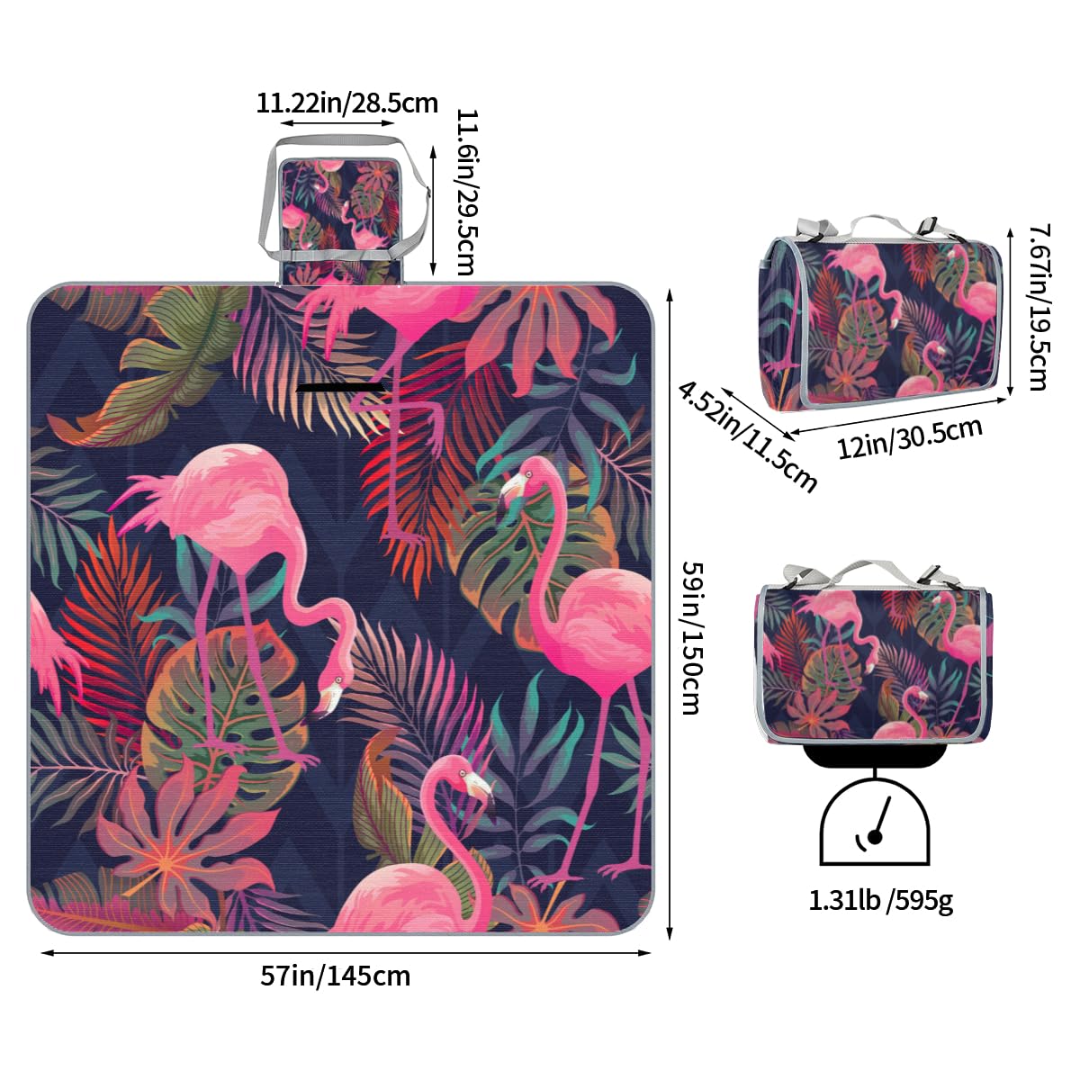 Shimoshe Picnic Blankets 57”x 59”, Colorful Palm Leaf Flamingo Waterproof Sandproof Picnic Mat Lightweight Foldable Beach Blanket for Camping Park Grass Beach Outdoor Blanket