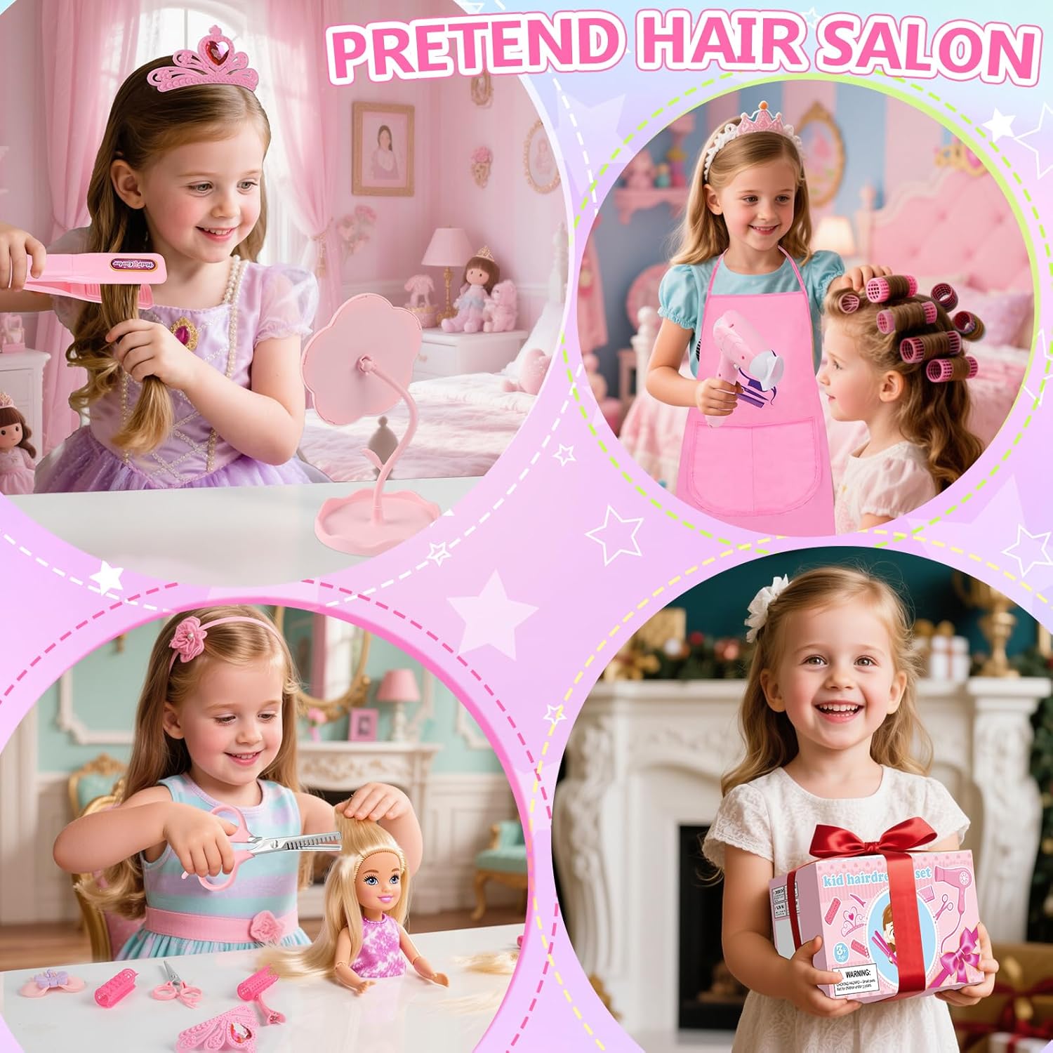 Hair Salon Toys for Girls, Kids Pretend Hair Styling Kit with Realistic Hairdryer, Straightener, Stylist Apron & Scissors Accessories, Beauty Makeup Set Christmas Birthday Gifts for Toddler 3 4 5 6+