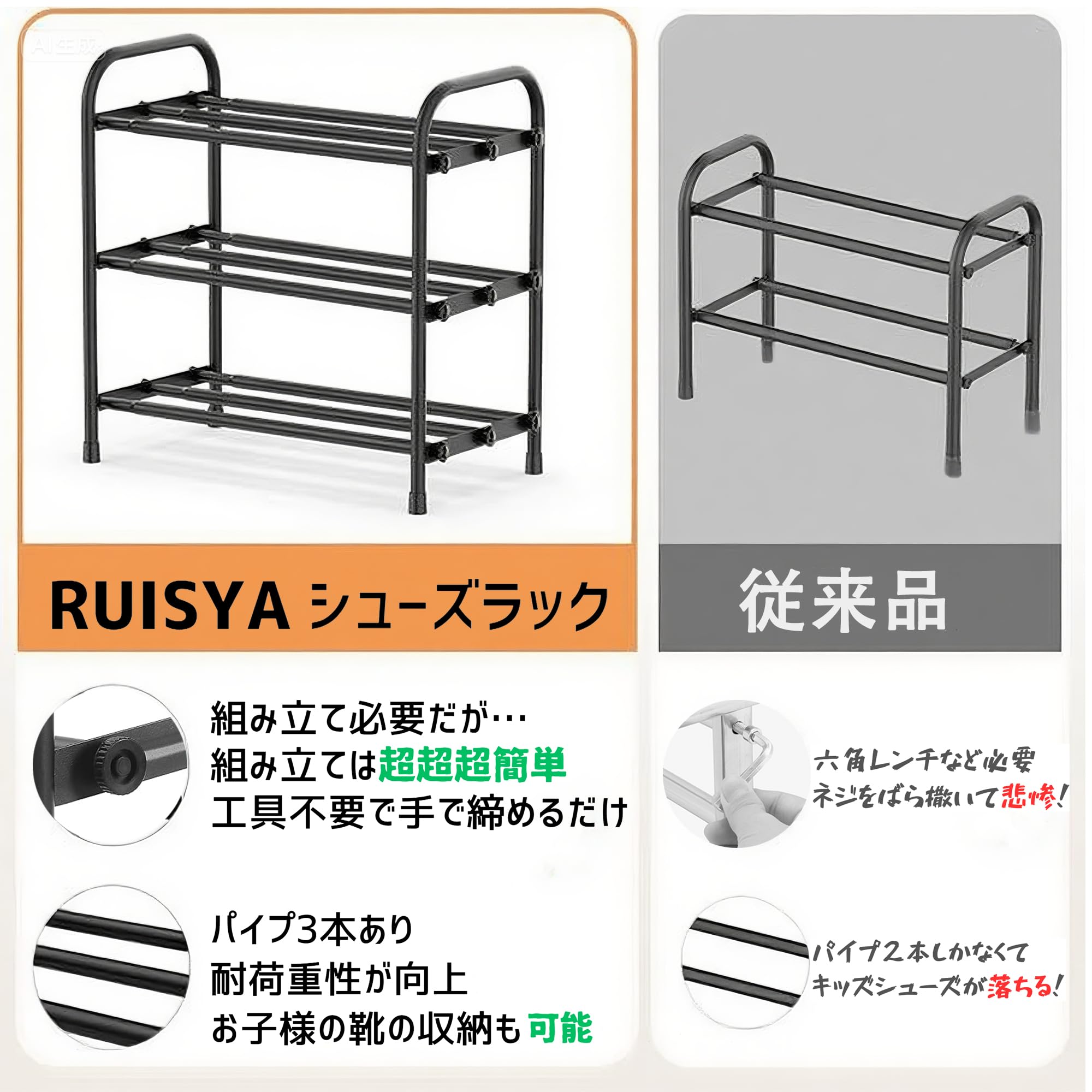 Amazon｜Ruisyaシューズラック 新モデル伸縮靴棚 無段階調整可能 玄関