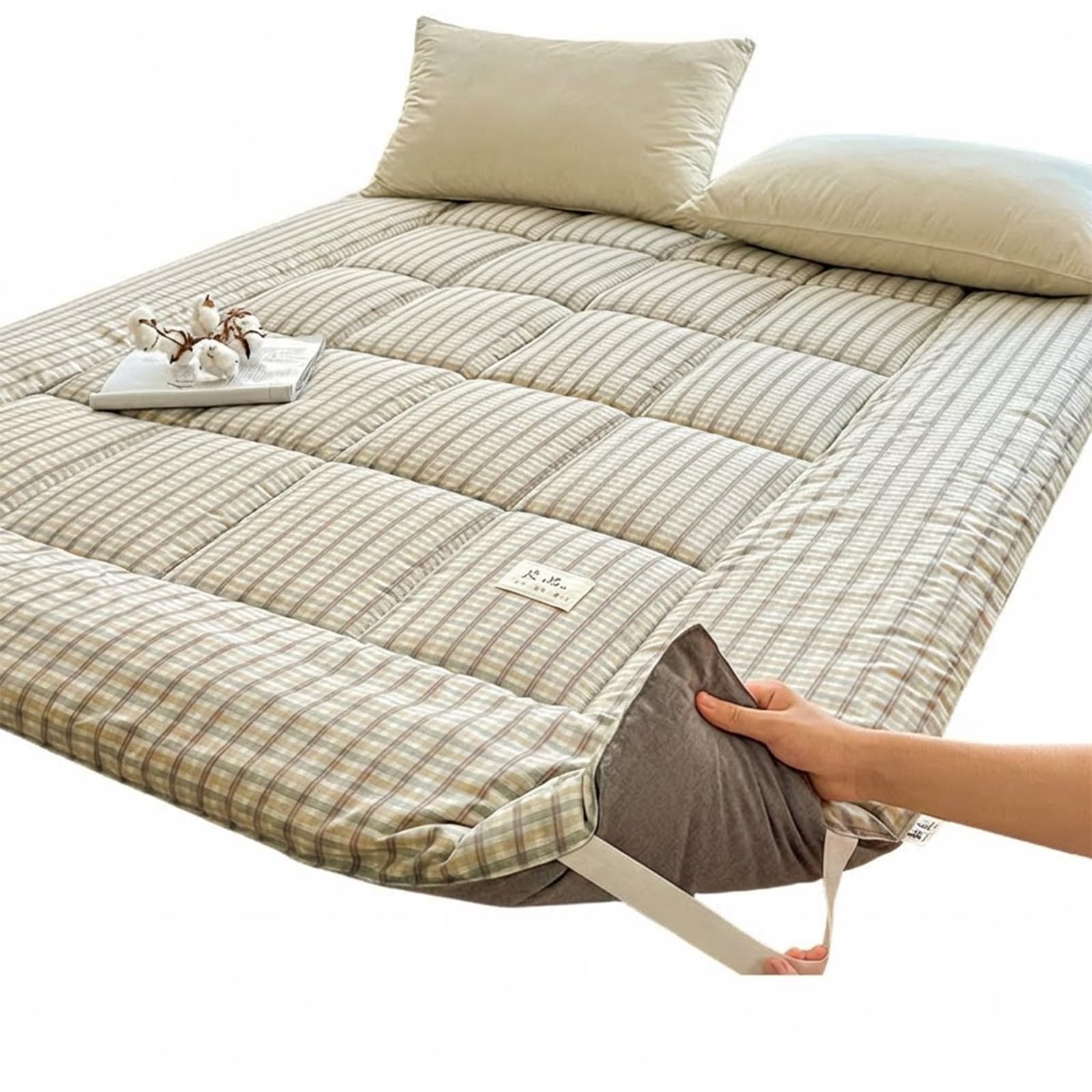 Generico Plaid Duvet Cotone Materasso da Pavimento, Materassino Pieghevole per Ospiti, Portatile Arrotolabile per Campeggio, Cloud Fabric Gingham Design Letto(Gray,180 * 200cm)