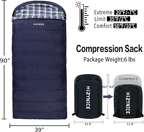 Miniatura 8 de Saco de dormir de 0 grados 100% franela de algodón XXL para adultos grandes y altos, clima frío, invierno, campamento de cero grados, saco de