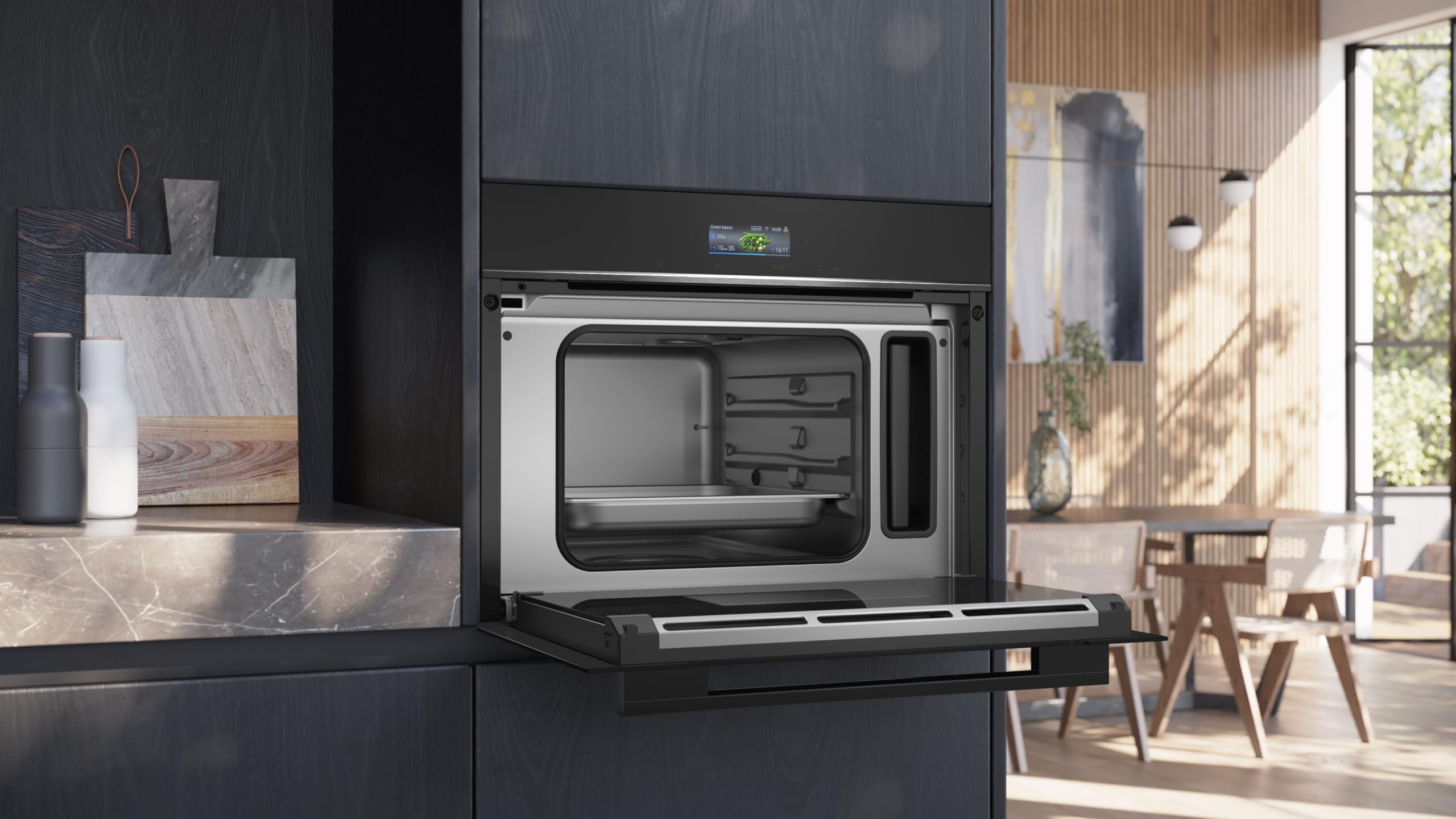 Siemens CD714GXB1, Smarter iQ700 Einbau-Dampfgarer, 60 x 45 cm, 1,3 L Wassertank, Regenerieren mit Dampf, Farb-Display, cookControl Automatikprogramme für beste Ergebnisse, Home Connect, Schwarz
