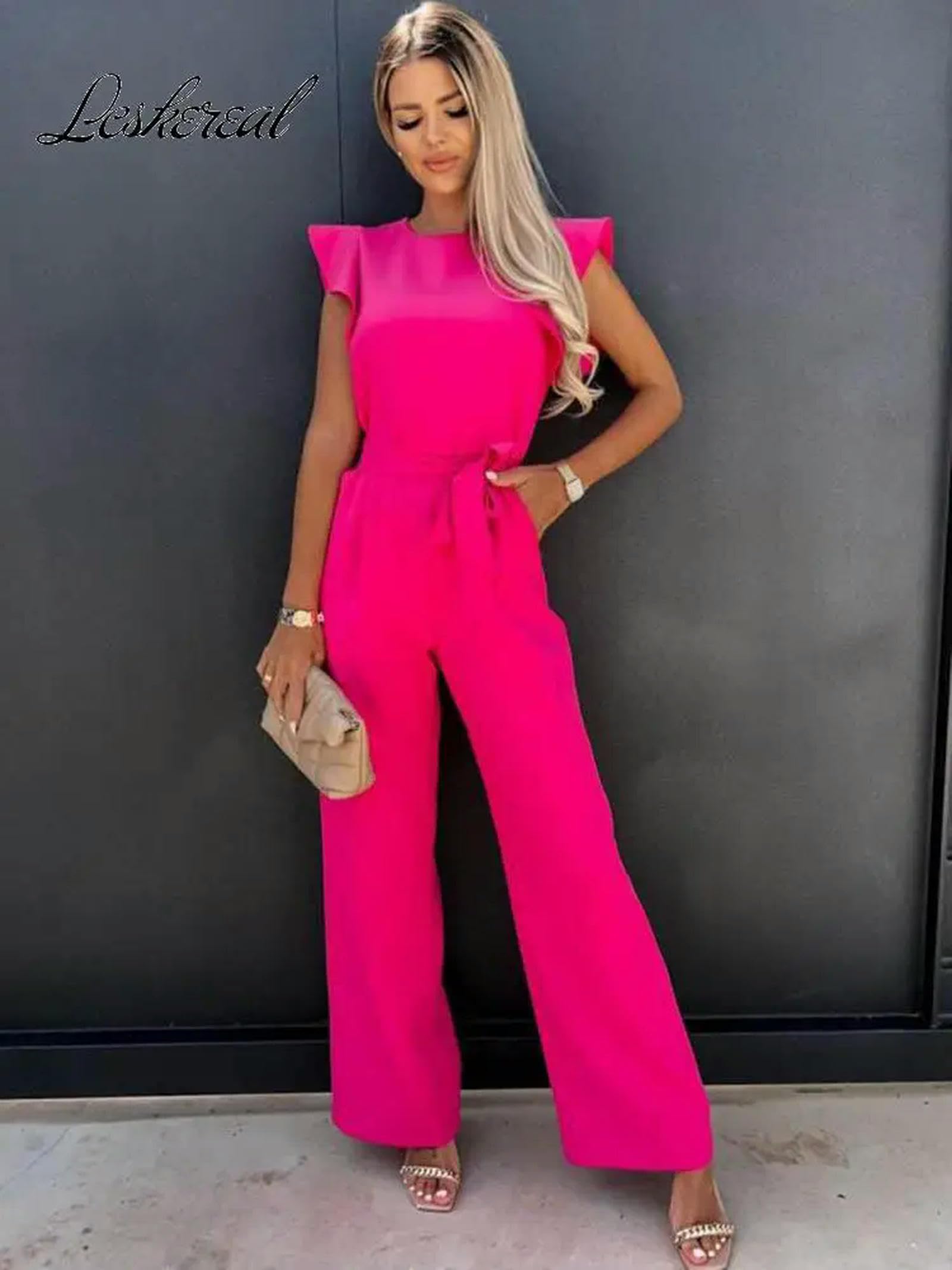 2024 Été À Manches Courtes Jambe Large Combinaison pour Femmes Élégant Barboteuse Vintage Streetwear Combinaisons Salopette Femmes Jump Suit Femme-Rose Rouge-L