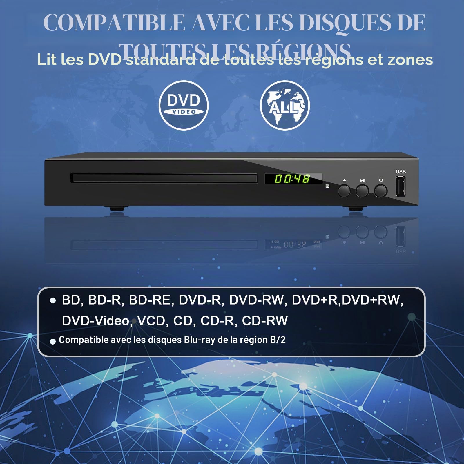 Lecteur Blu-Ray pour Téléviseur (Région 2), Compact Lecteur CD DVD Multizone avec Sortie Coaxiale AV HDMI Entrée USB, Prise en Charge clé USB, Lecture des Disques Blu-Ray de la Région 2