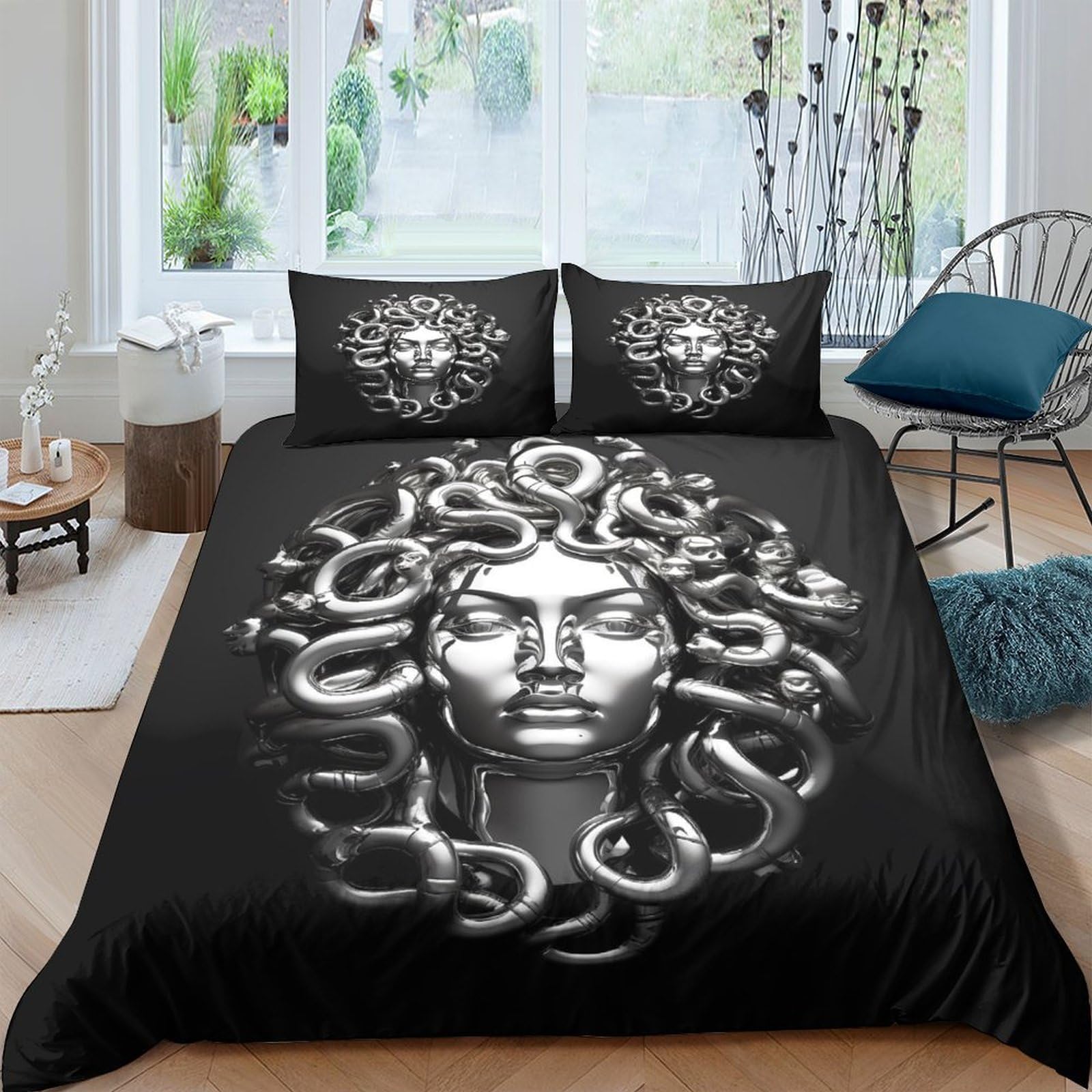 Ctjqhvkz Style-5 3D Printed Medusa Snake Head Fitted Sheet Microfiber Soft Black Mythic Face Bed Cover For Bedroom Dorm Mattress Decor Single（135X200cm）