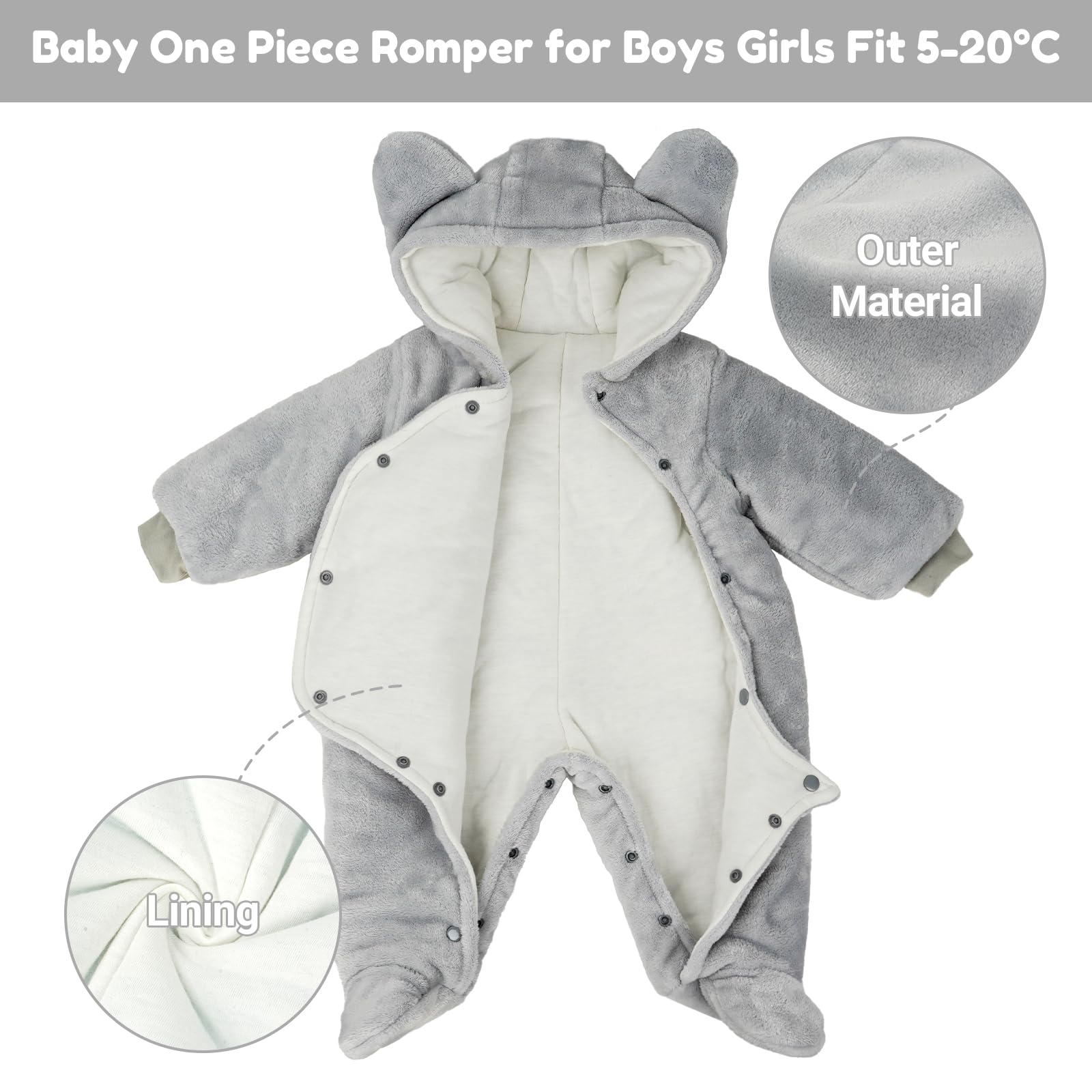 Tuta invernale in pile con cappuccio, per bambini, abbigliamento caldo, da 0 a 3 mesi, motivo elefante grigio
