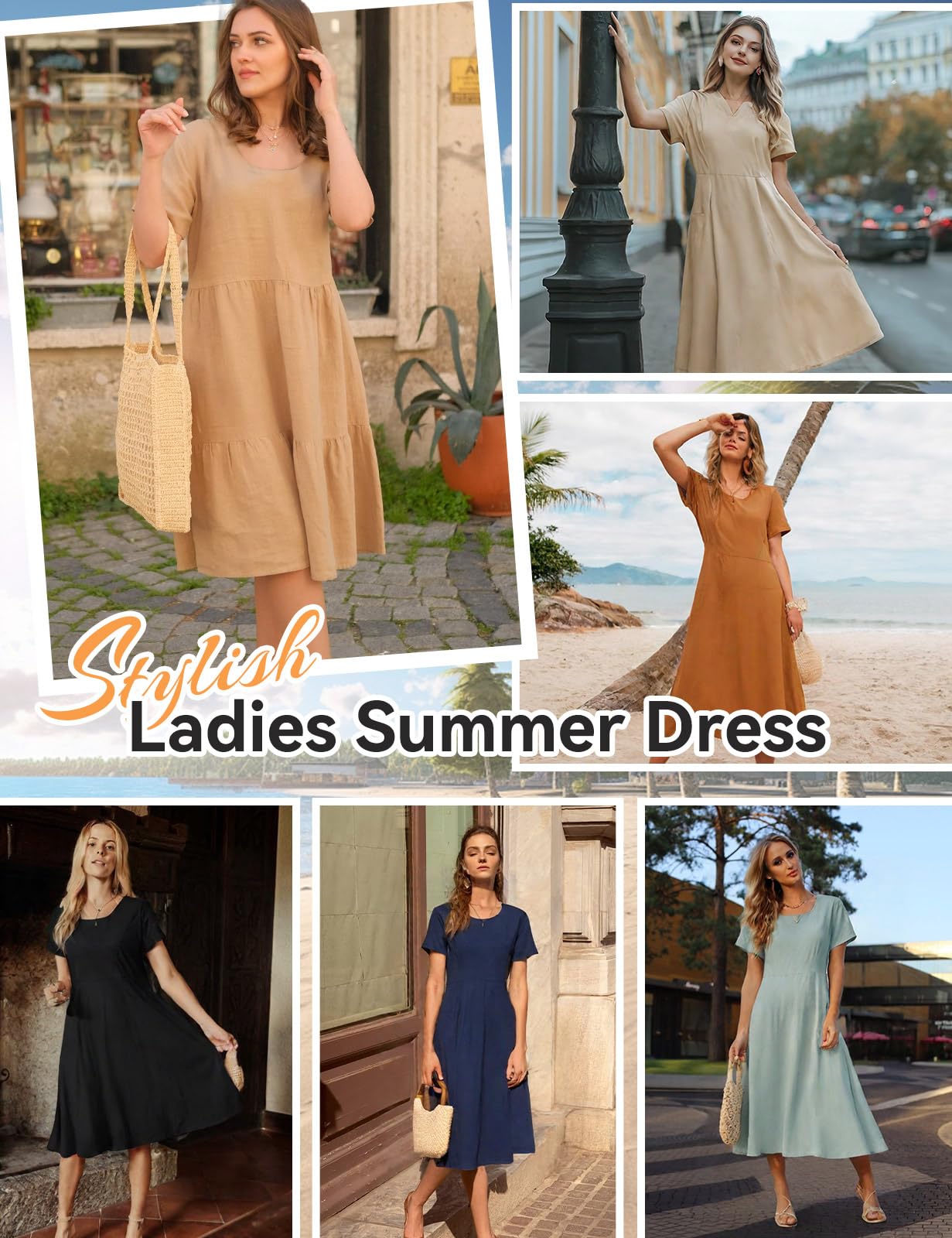 Vestito Donna Estivo Vestiti Lungo Cotone Abito Manica Corta Scollo Rotondo Elegante Vestito da Mare Spiaggia Boho Casual Abiti Lunghi con Tasche