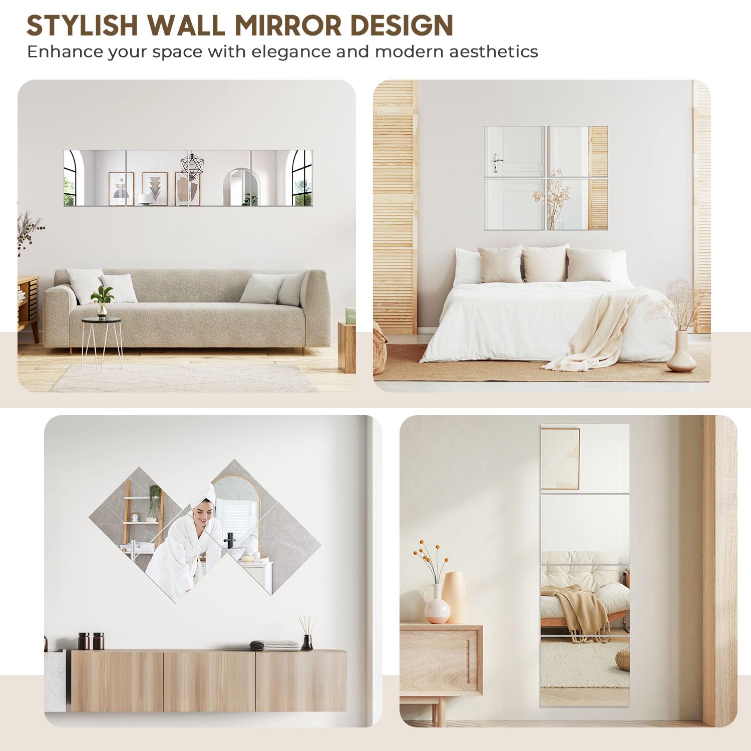4PCS 14"x12" Full Length Wall Mirror Tiles,Wall Mirrors Decorative Shatterproof Self Adhesive Glass Mirror Tiles for Bedroom,Dorm, Gym